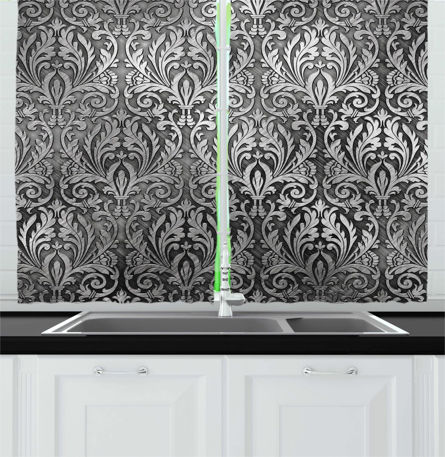 Ambesonne Grey Long Kitchen Curtains - Classic Floral Medieval Empire Print Drapes with Rod Pocket, 55
