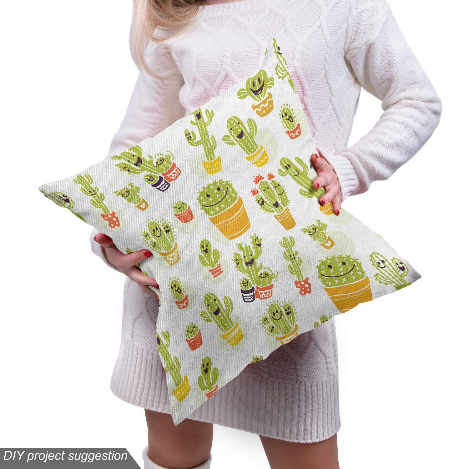 Ambesonne Scandinavian Fabric by The Yard - Cactus Characters in Pots Cartoon Desert Flora Print, Decorative Upholstery Fabric for Sofa, Curtains & Home Decor (Dark Purple & Pale Green) - Perfect for DIY Projects, Pillow Covers & Table Runners