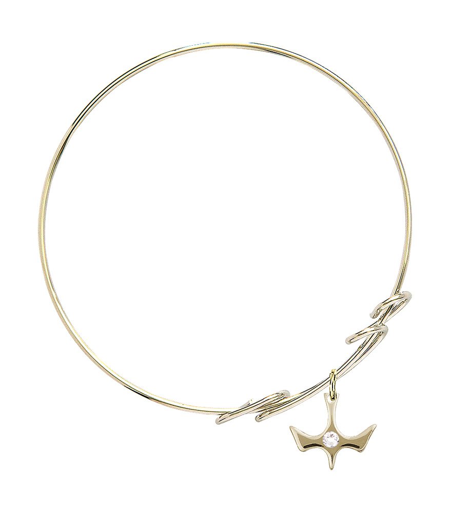 8 Inch Round Double Loop Bangle Bracelet with Holy Spirit Medal Charm & April Birthstone Crystal - Elegant Religious Jewelry for Women, Gift for Easter, Baptism, Confirmation & Daily Wear