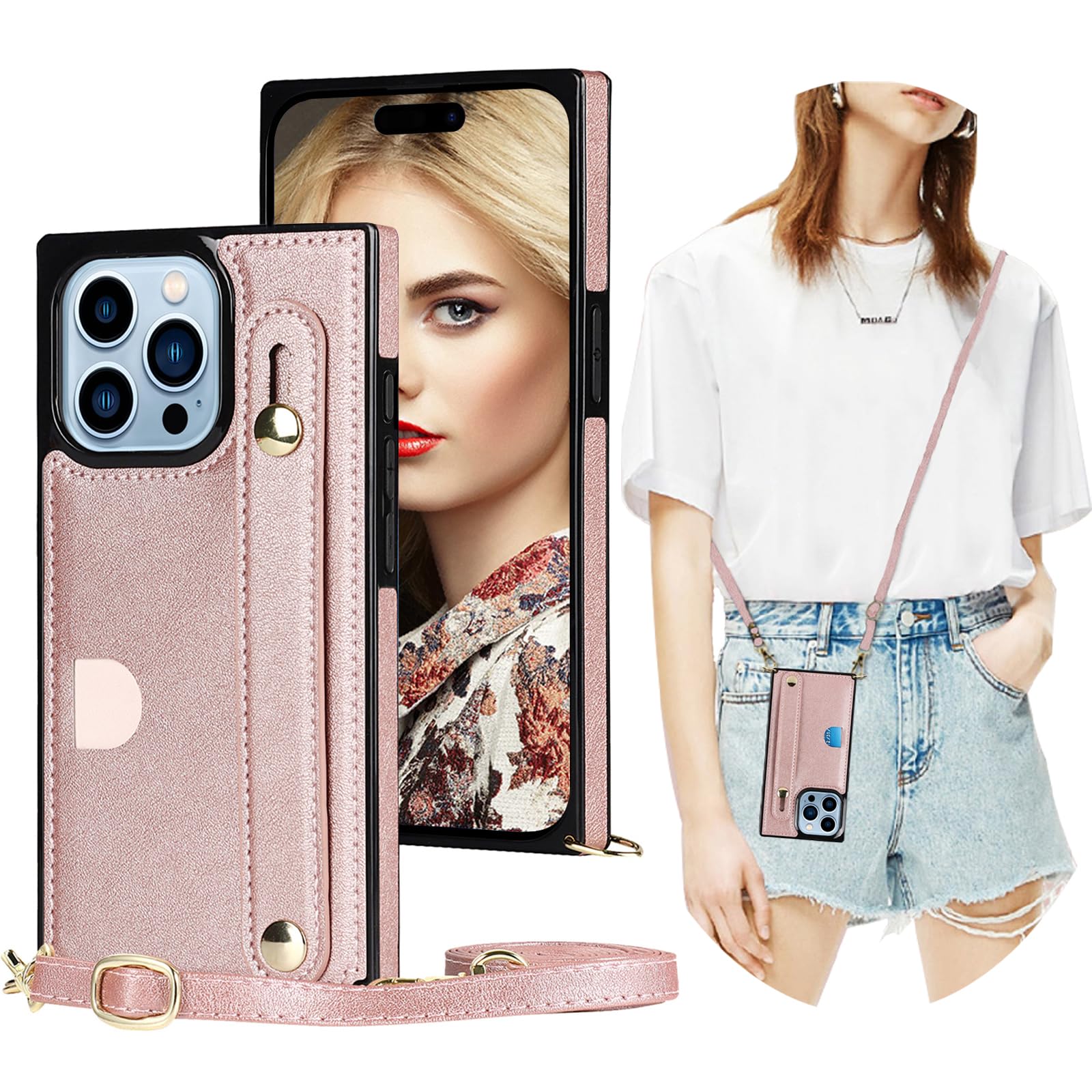 CCSmall iPhone 15 Pro Case with Card Holder & Wrist Strap - Slim Protective Phone Cover with Removable Adjustable Shoulder Lanyard for Women (KB Rose) - Perfect for Shopping, Travel and Hands-Free Daily Use