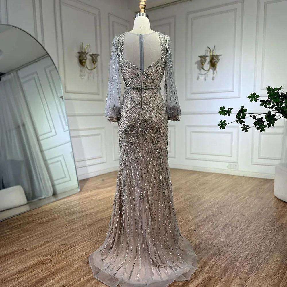 Elegant Arabic Silver Beaded Mermaid Evening Gowns for Women - Luxury Dubai Wedding & Party Dresses 2025 | Perfect for Bridal Showers, Red Carpet Events & Formal Occasions