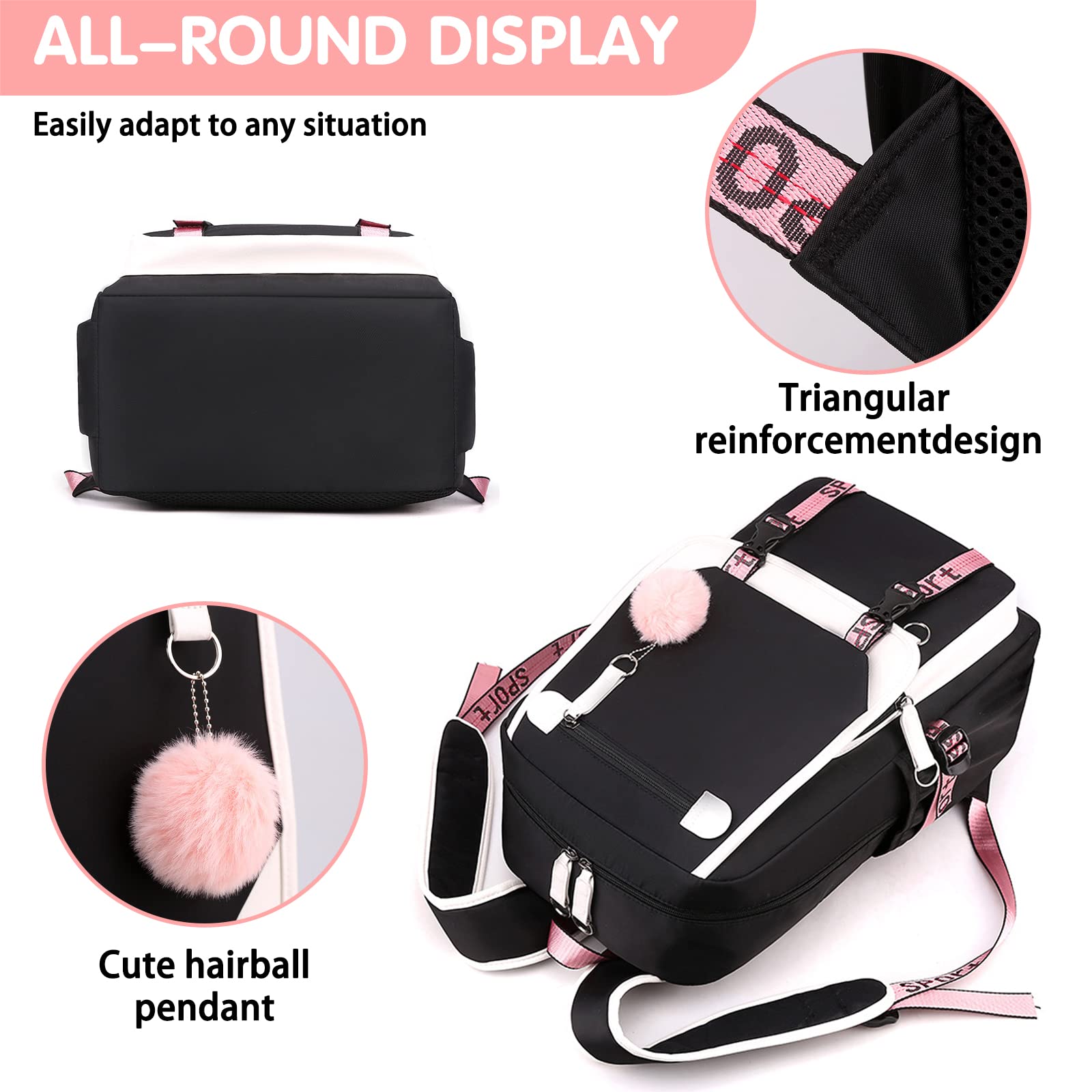 Stylish Stitched Backpack for Teens & School - USB Port Laptop Book Bag (Black) | Perfect for Daily Commute, College Classes & Travel