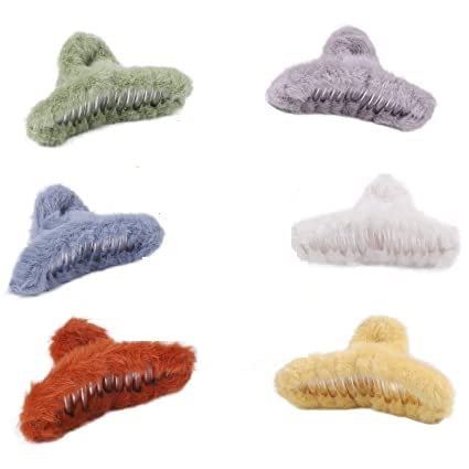 Belicia 6 Pack FUR Hair Claw Clips for Women - Plush Strong Hold Non-Slip Hair Barrettes for Thick, Thin & Long Hair - Cute Square Hair Accessories (Multicolor) - Perfect for Everyday Styling, Work & Special Occasions