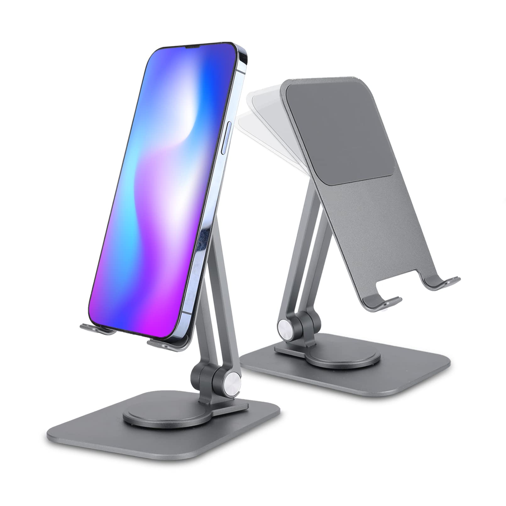 Foldable & Rotatable Cell Phone Stand for Desk - Universal Phone Holder Compatible with All Smartphones, iPads & Tablets 4-11 inches (Grey) | Perfect for Office Work, Video Calls, Watching Movies & Hands-Free Viewing
