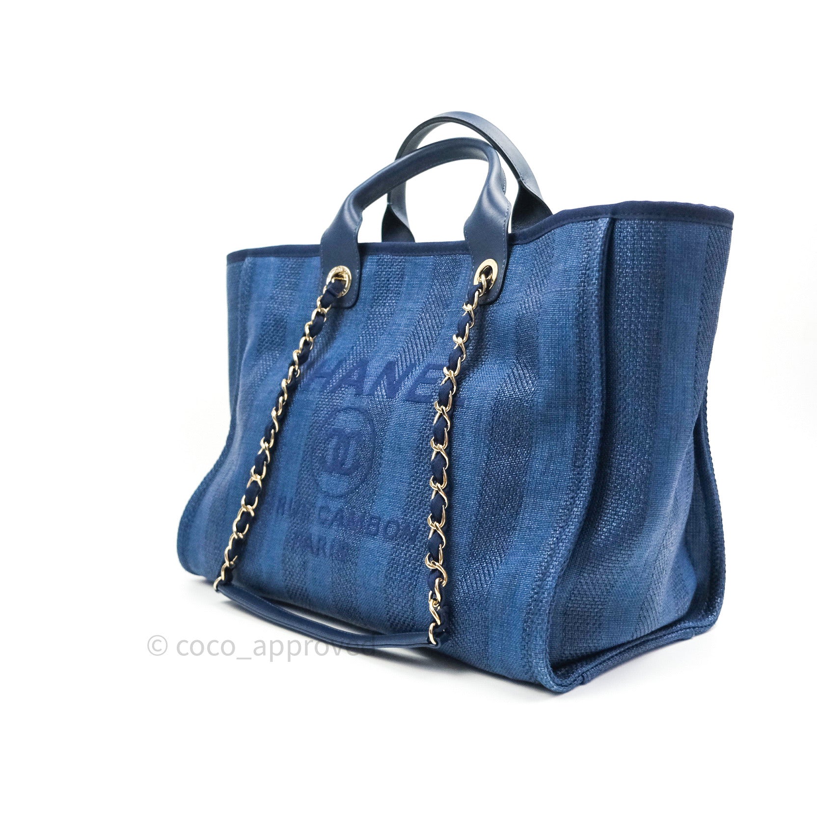 Chanel Canvas Large Deauville Tote Bag Navy Blue Striped 20S - Luxury Designer Beach Tote for Women, Perfect for Travel, Shopping & Everyday Use