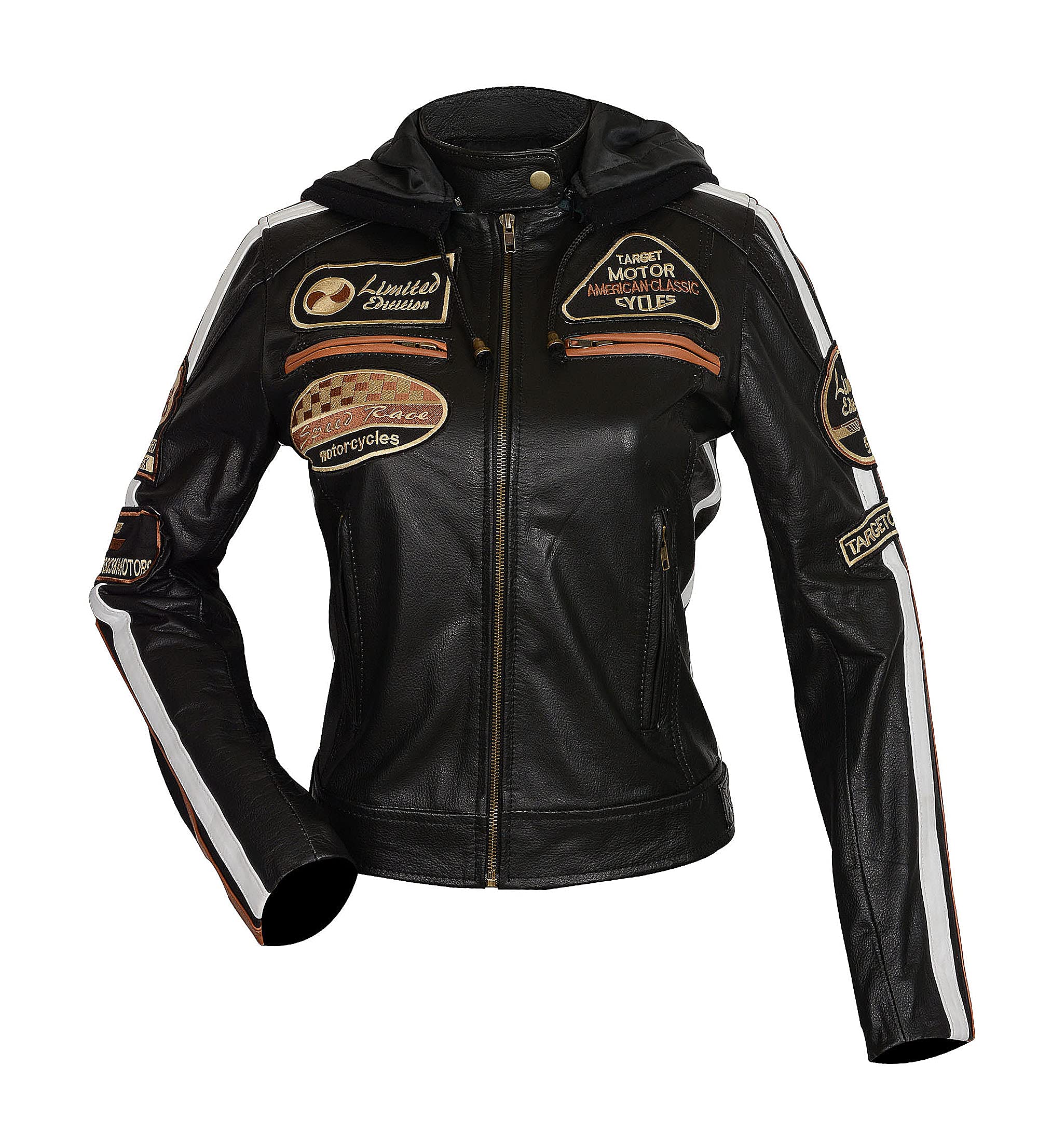 Vintage Women's Biker Jacket with Hood - Retro Cafe Racer Leather Motorcycle Jacket with Badges & Patches | Perfect for Riding, Casual Wear & Street Fashion