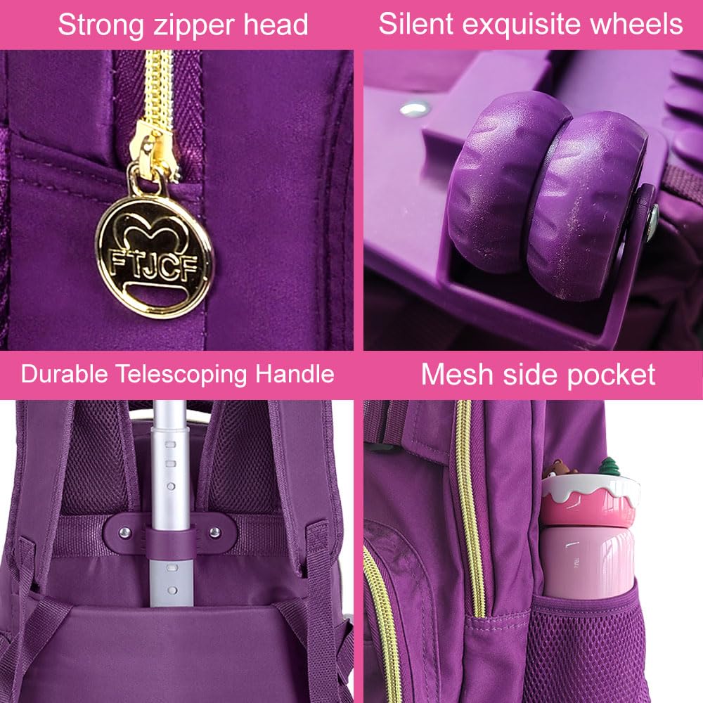 3Pcs Rolling Backpack for Girls & Women - 19 Inch Wheeled Backpack with Lunch Box, Durable School Bookbag with Wheels for Travel & Commuting (Deep Purple) - Perfect for School, College, Work & Airplane Carry-On