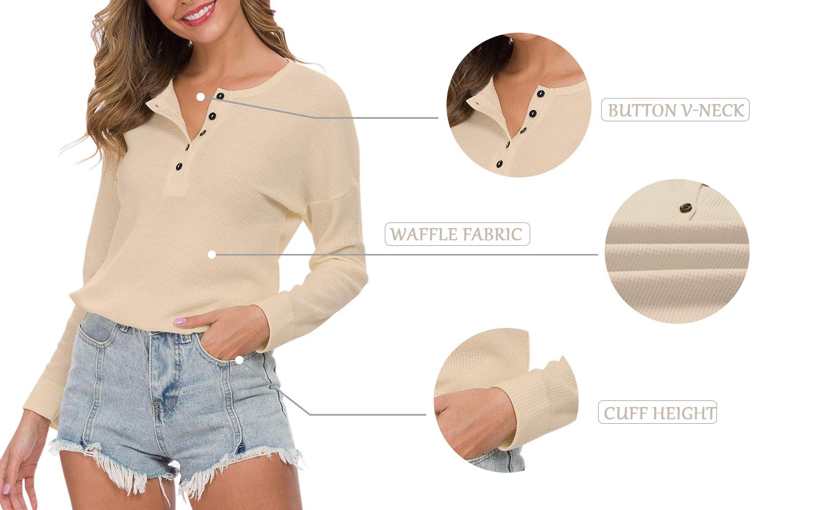 MOLERANI Women's Waffle Knit Tunic Top - Loose Fit Long Sleeve Button Up V-Neck Henley Shirt for Casual Wear, Office & Fall Outfits