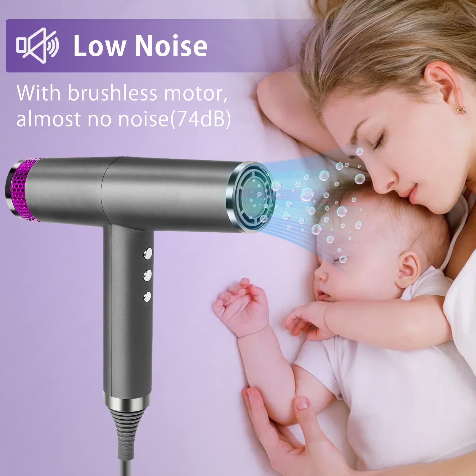 Professional Ionic Hair Dryer - High Speed Brushless Blow Dryer with Diffuser & 2 Nozzles | Lightweight, UL ALCI Safety Plug, Constant Temperature & Negative Ion Technology for Healthy Hair Care | Perfect for Home Use, Salon Styling & Travel