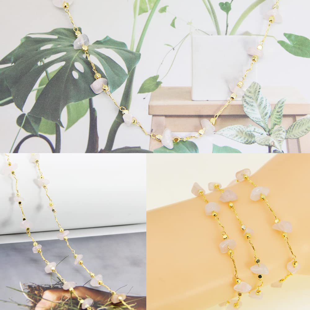 Handmade Natural Rose Quartz Beading Chain with Gold Plated Brass Findings - Jewelry Making Supplies for Bracelets, Necklaces & DIY Crafts - Perfect for Home Decor, Fashion Accessories & Gift Giving (CC60 Rose Quartz)