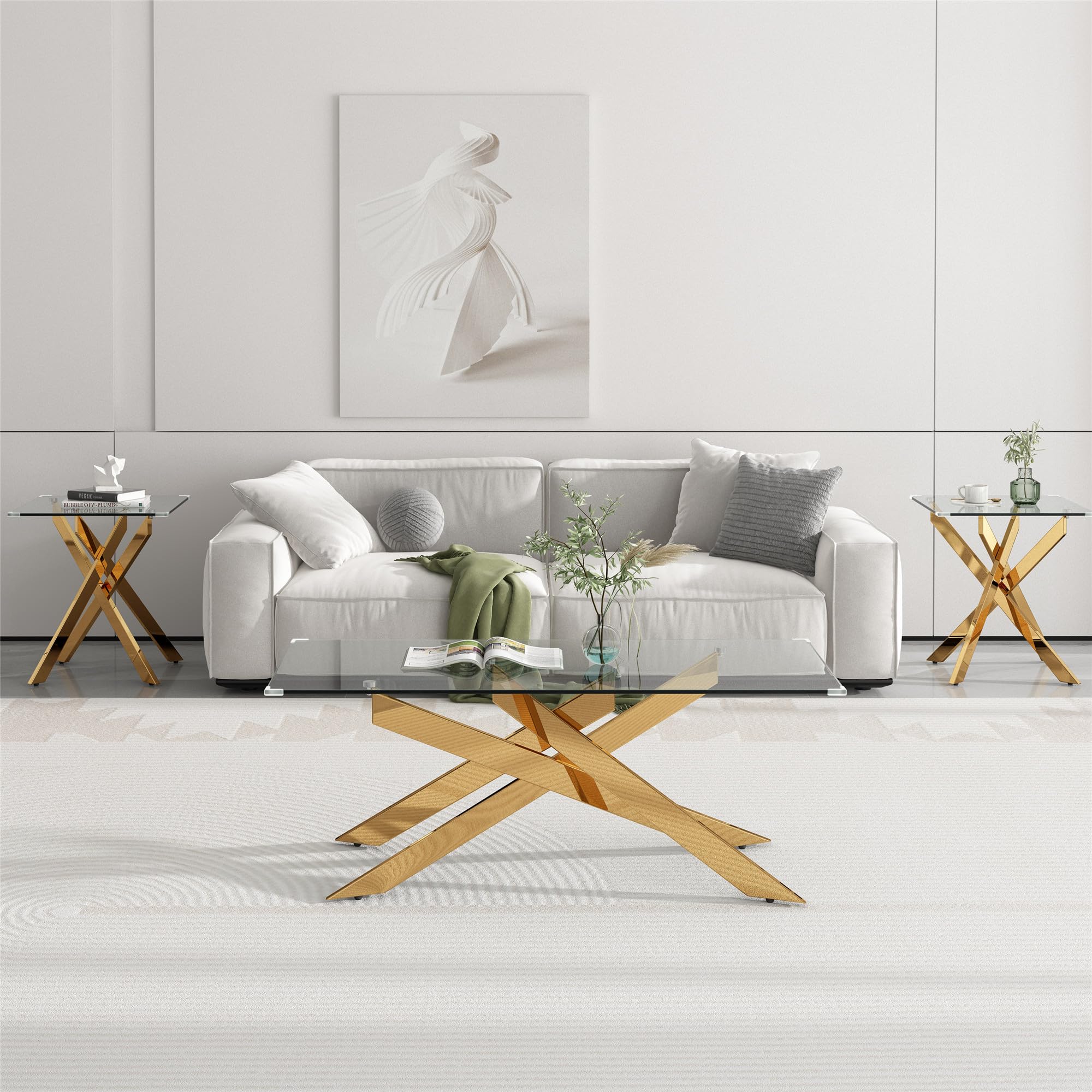 Gold Glass Coffee Table and End Table Set of 3 - Modern 3-Piece Living Room Table Set with Tempered Glass & Geometric Gold Metal Legs for Bedroom, Home Office - Perfect for Small Spaces, Apartments and Contemporary Decor