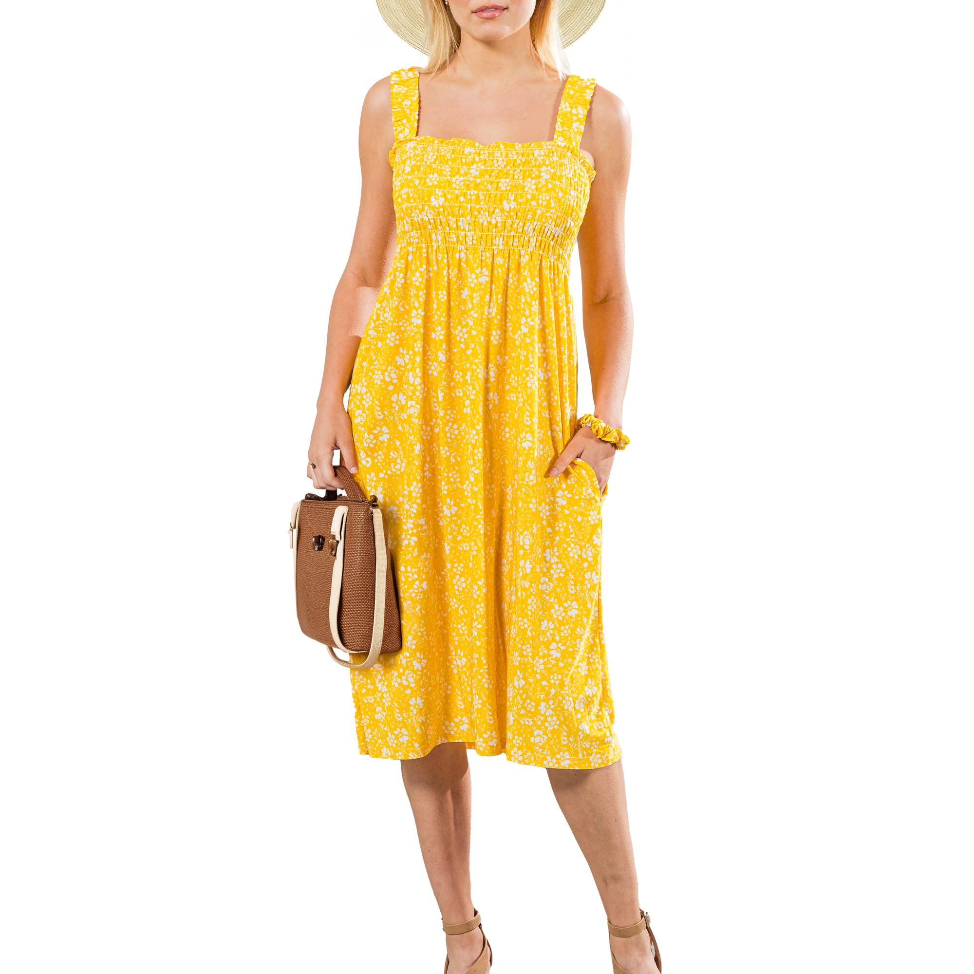 Floral Sundress for Women with Pockets - Sleeveless Long Beach Dress for Summer Vacation, Boho Maxi Dress with Free Scrunchie | Perfect for Beach Outings, Pool Parties, and Tropical Getaways 2024