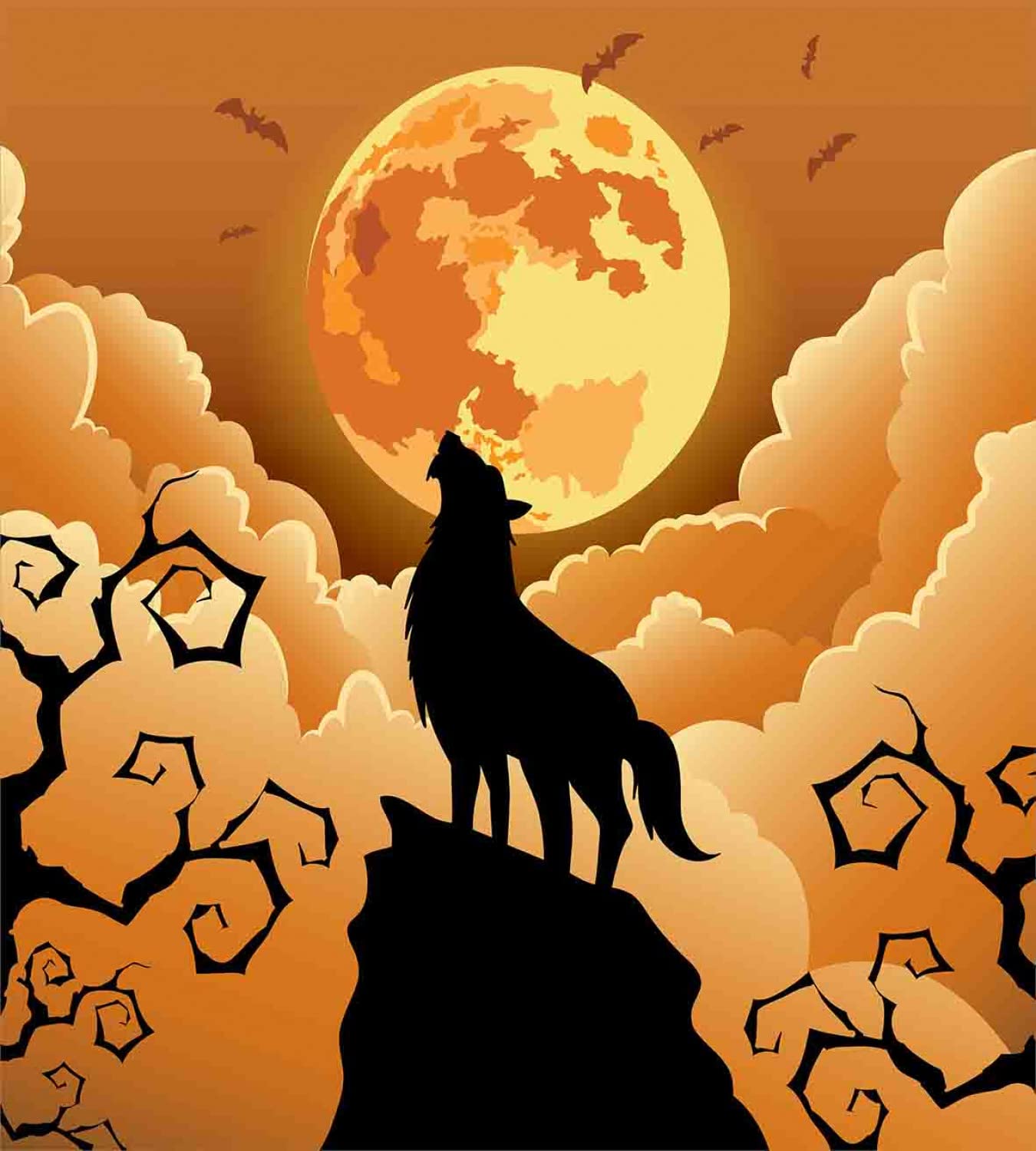 Halloween Themed Wolf & Bat Duvet Cover Set - 2 Twin Size Duvet Covers & 2 Pillowcases - Pale Yellow Apricot Forest Design - Perfect for Spooky Bedroom Decor & Seasonal Themed Parties