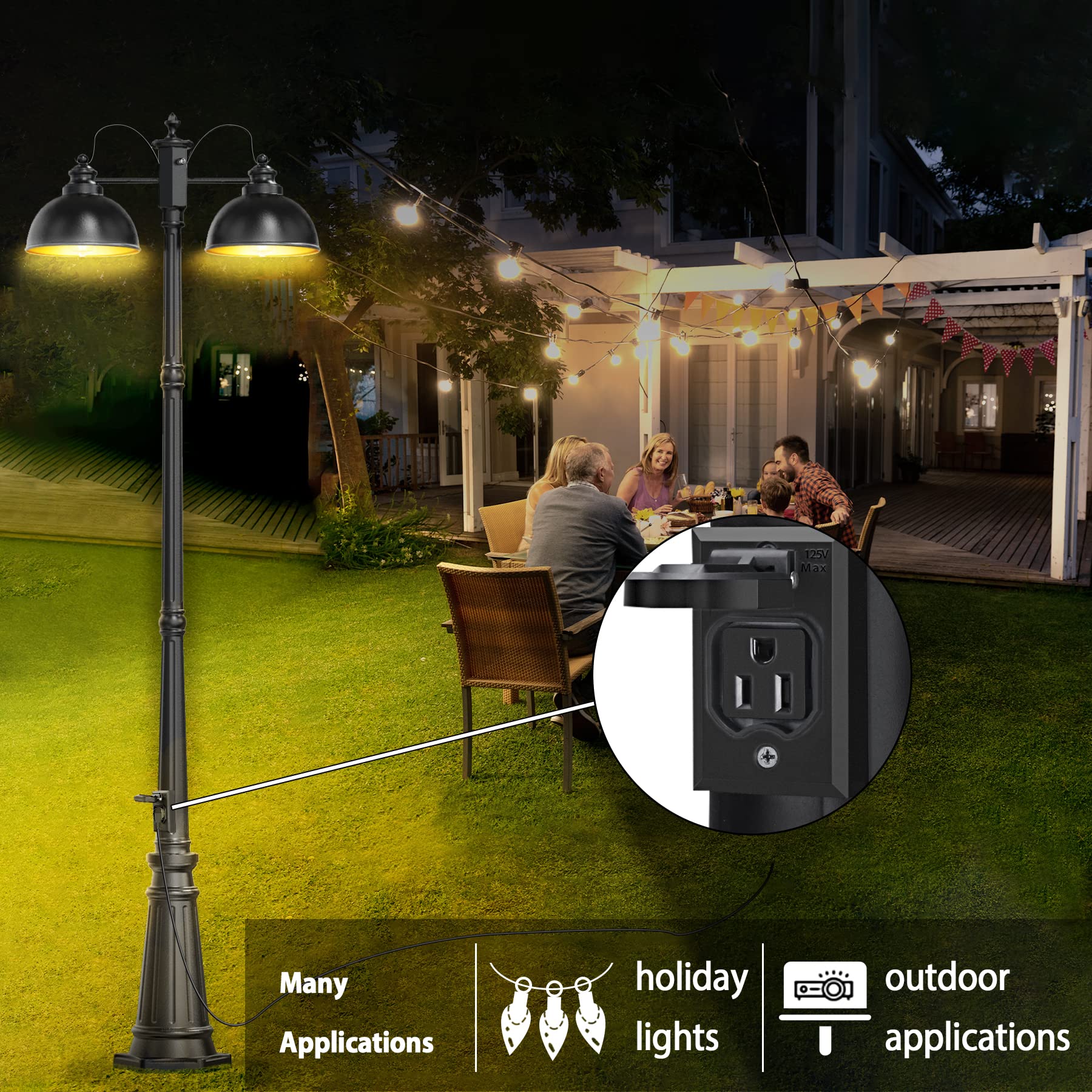 APOTO Dusk to Dawn Outdoor Lamp Post Lights with GFCI Outlet - Double Head Farmhouse Street Light Fixture - Black Aluminum Waterproof Lantern for Garden, Patio, Driveway & Walkway Lighting - Weatherproof Exterior Pole Lights for All Night Illumination