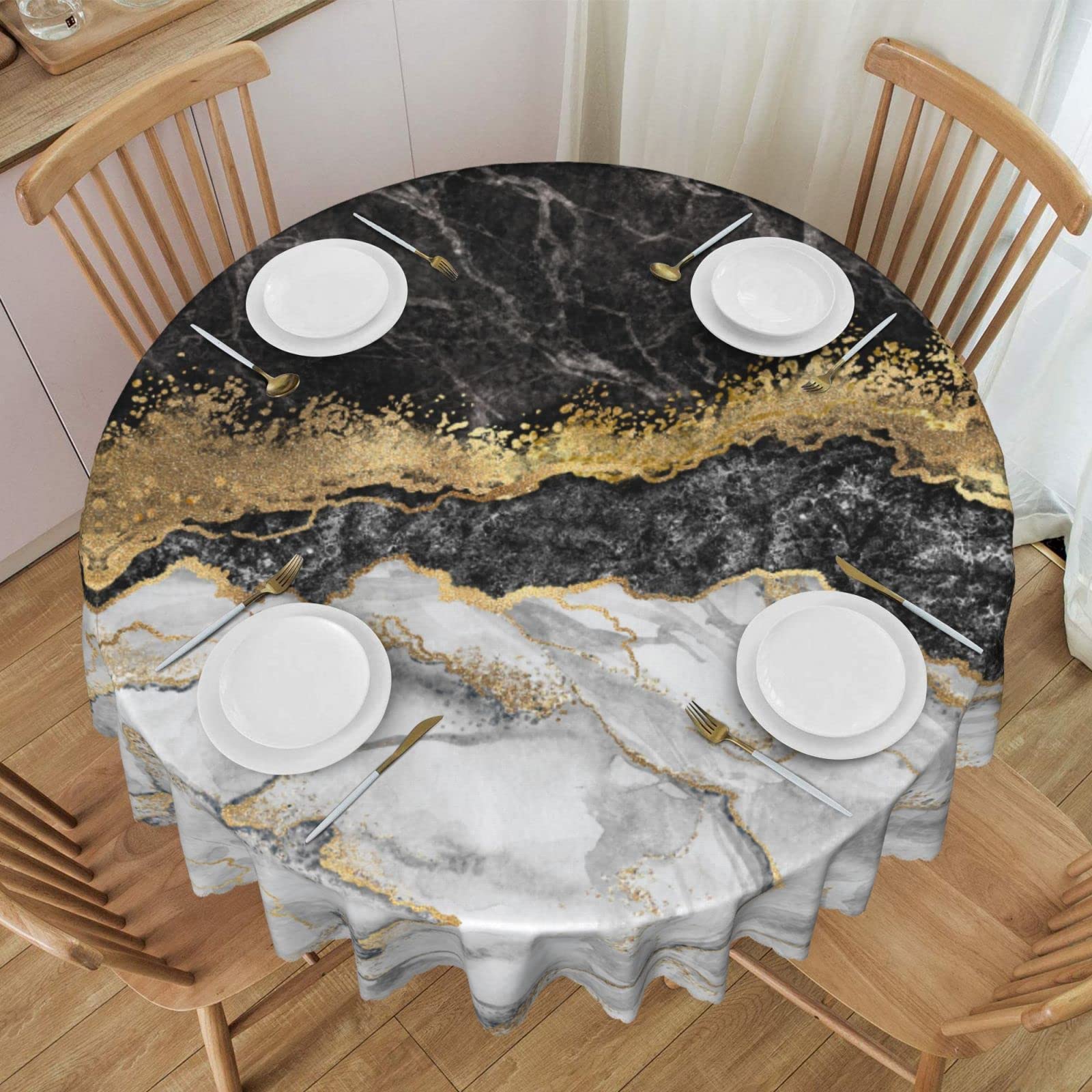 Black Marble Pattern Round Tablecloth - 60 Inch Oil Proof, Spill Proof & Easy Clean Table Cover with Elegant Lace Trim - Perfect for Dining Room, Kitchen, Wedding & Party Decor