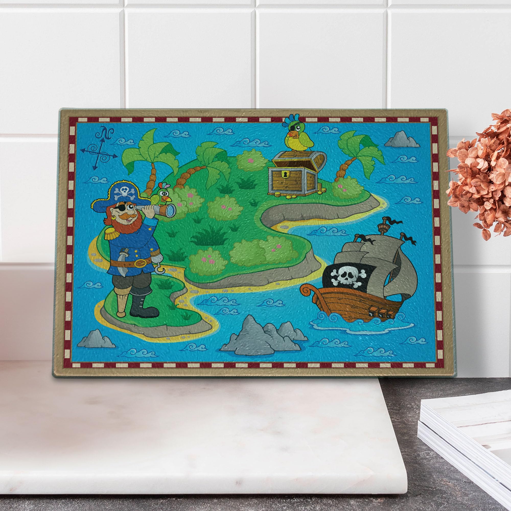 Ambesonne Pirate Treasure Island Map Cutting Board - Decorative Tempered Glass Serving Board with Ship & Parrot Design - Small Multicolor Kitchen Accessory for Themed Parties, Dorm Decor & Gift Giving
