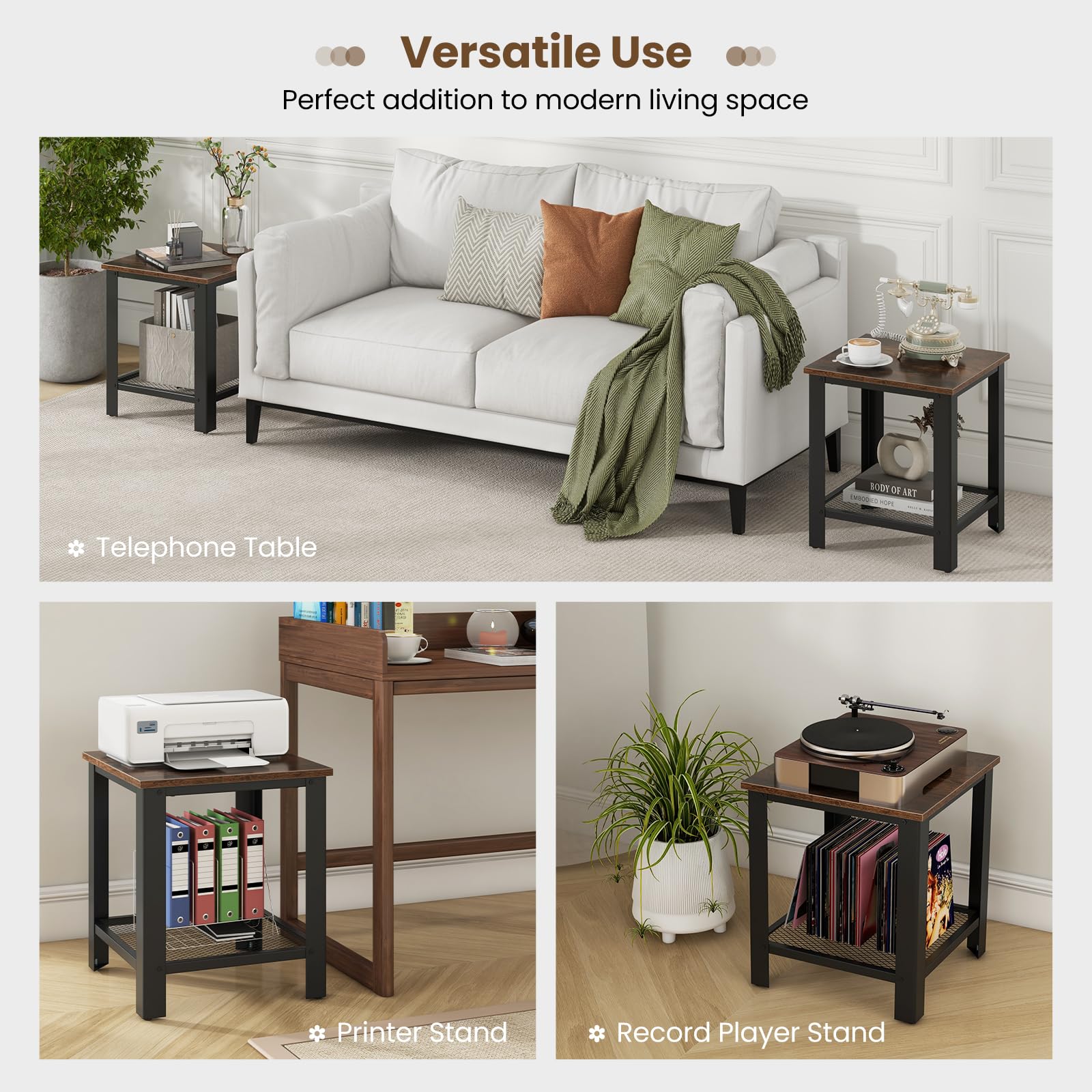 Giantex 2-Tier End Table Set of 2, 16 Inch Small Side Table with Mesh Storage Shelf, Industrial Telephone Table with Heavy-Duty Metal Frame, Square Sofa Table for Small Space Living Room, Rustic Brown - Perfect for Living Room, Bedroom, or Office Use