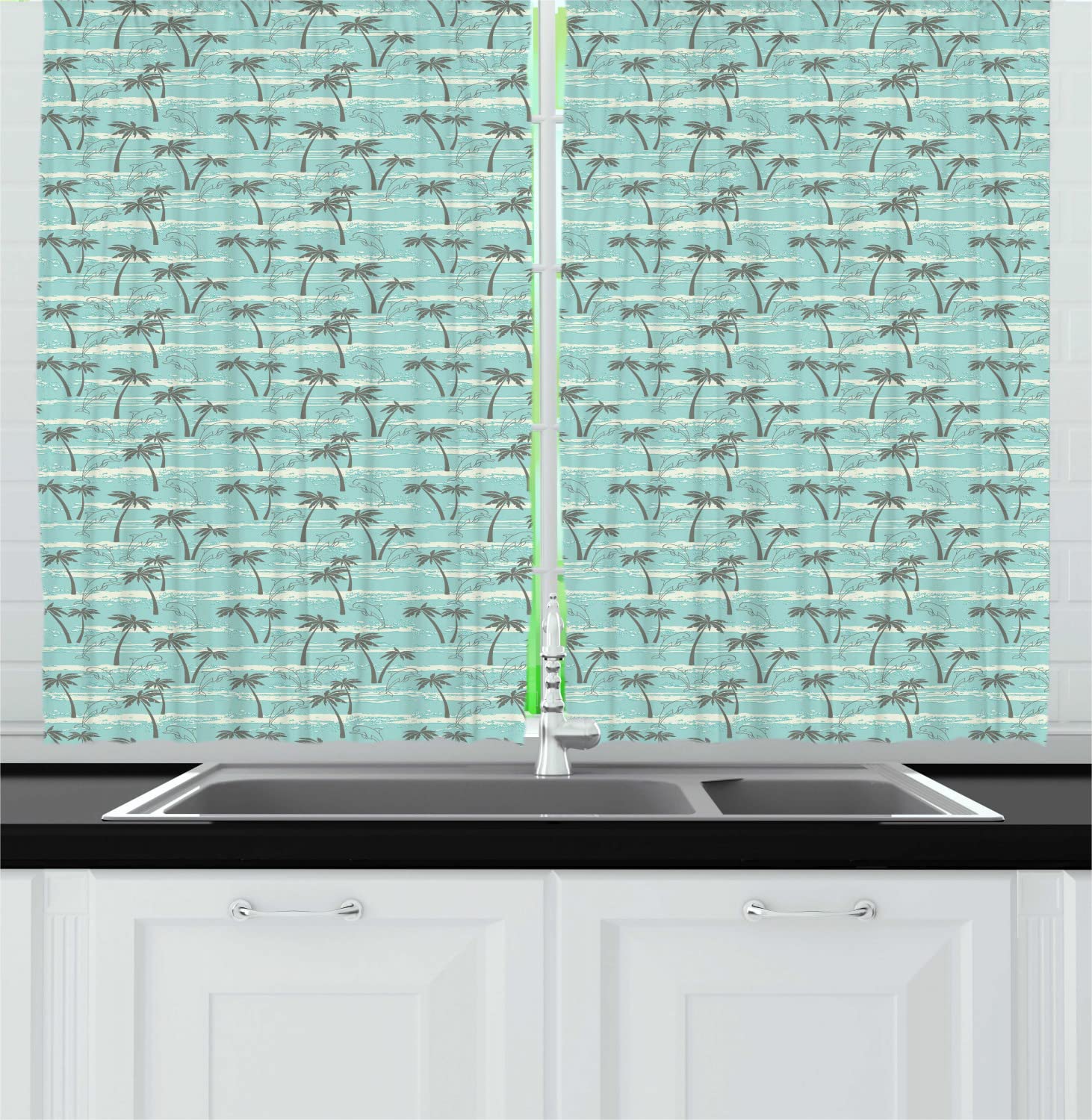 Ambesonne Summer Long Kitchen Curtains - Tropical Beach Scene with Palm Trees & Dolphins, 55