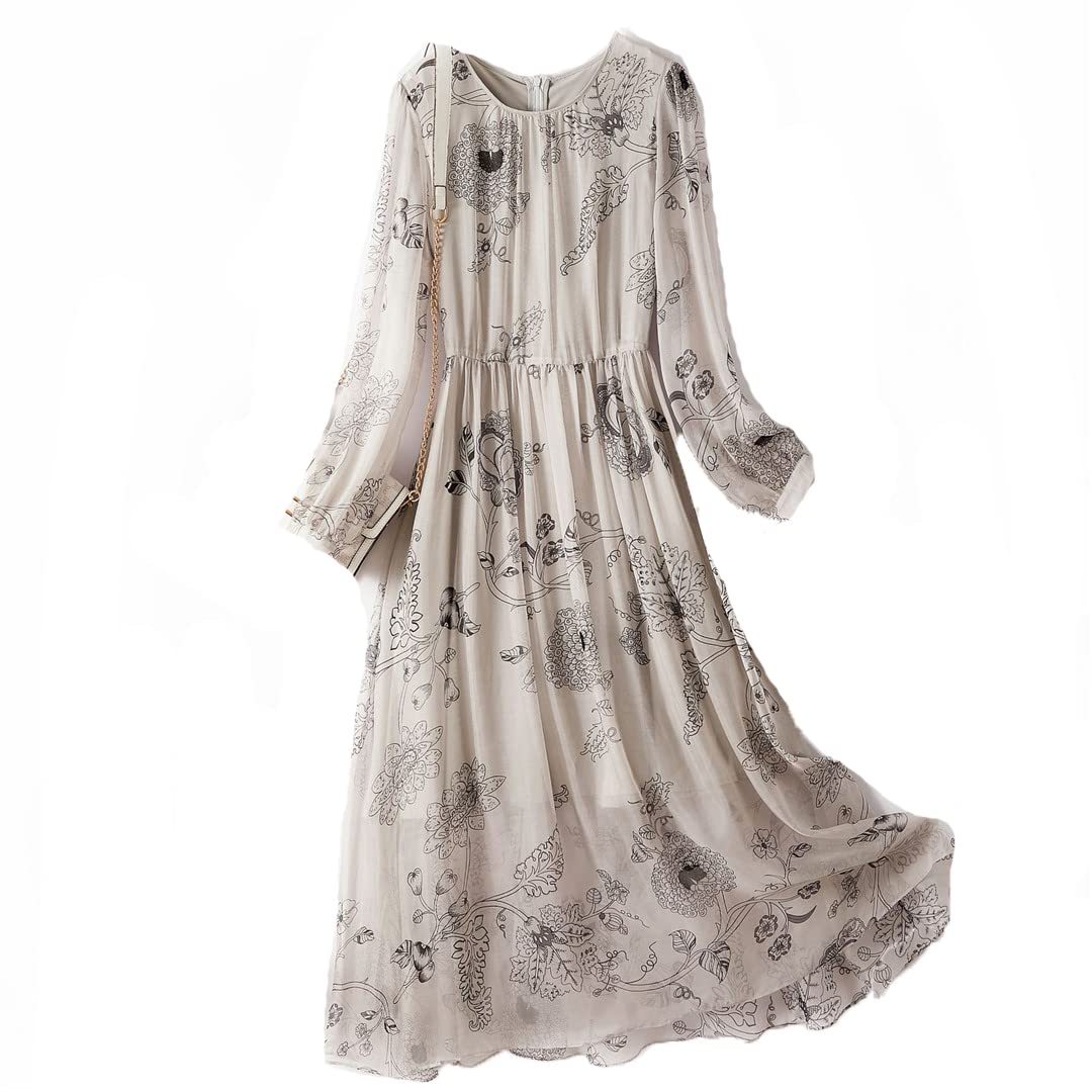 100% Pure Silk Summer Maxi Dress for Women - Natural Round Neck Flowy Long Dress | Perfect for Beach Vacations, Weddings & Evening Parties