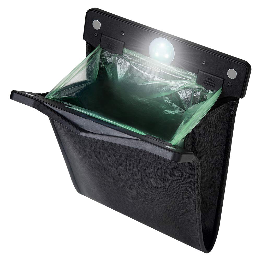 Smart LED Car Trash Can - Waterproof Leak-Proof Hanging Garbage Bag for Car Back Seat & Passenger Side - Reusable Travel Office Toilet Waste Bin with Storage Pocket - Perfect for Road Trips, Commuting & Travel (Black, 1 Pack)