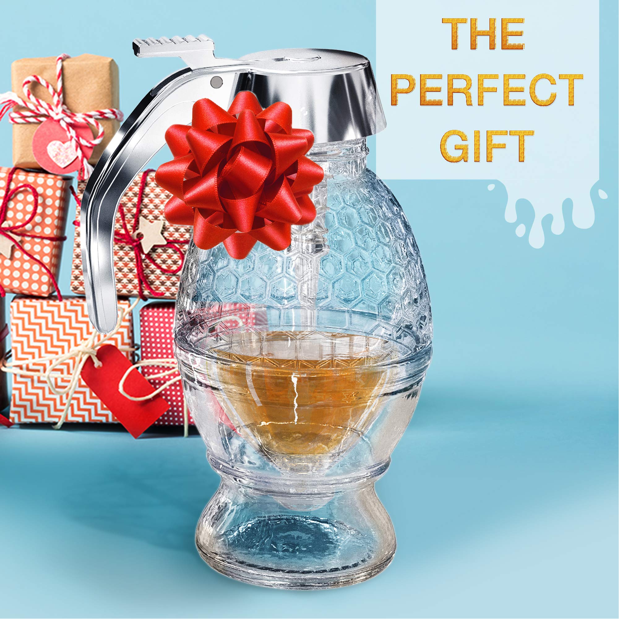 Premium No Drip Glass Honey Dispenser with Stand - 8oz Clear Honey Jar with Dipper & Flip Top Lid - Perfect for Maple Syrup, Tea, Coffee & Breakfast Table - Leakproof Honey Pot for Kitchen & Dining Room