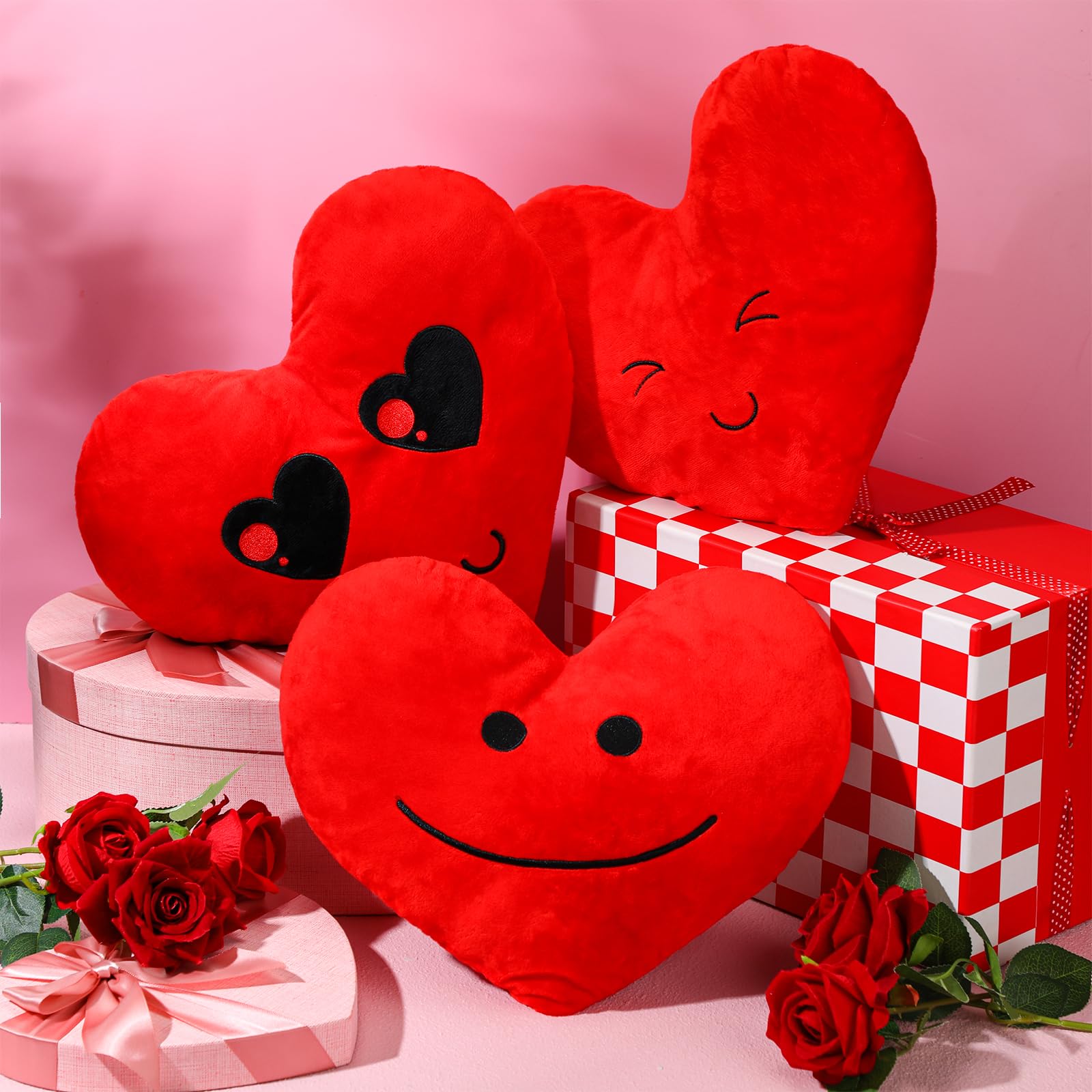 3 Pcs Heart Shaped Throw Pillows - Soft Fluffy Plush Cushions for Valentine's Day Gifts, Decorative Heart Pillows for Bed, Sofa, Couch - Perfect for Boys, Girls, Teens, Men & Women (Red) - Great for Home Decor, Romantic Gifts & Cozy Living Room Accents