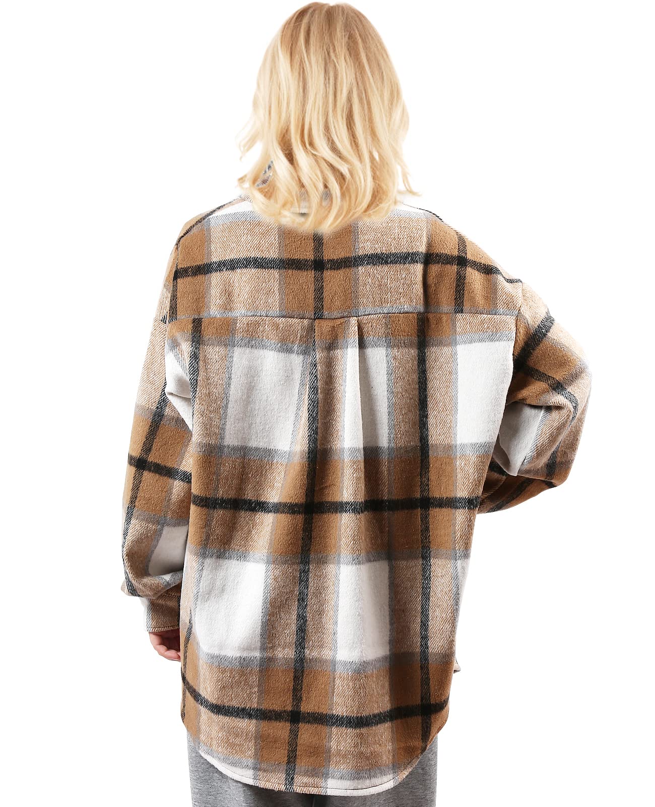 VeMee Women's Casual Wool Blend Plaid Brushed Pocketed Down Lapel Shirt Jacket - Loose Fit Button Coat for Winter, Spring & Fall - Perfect for Office, Travel and Outdoor Activities