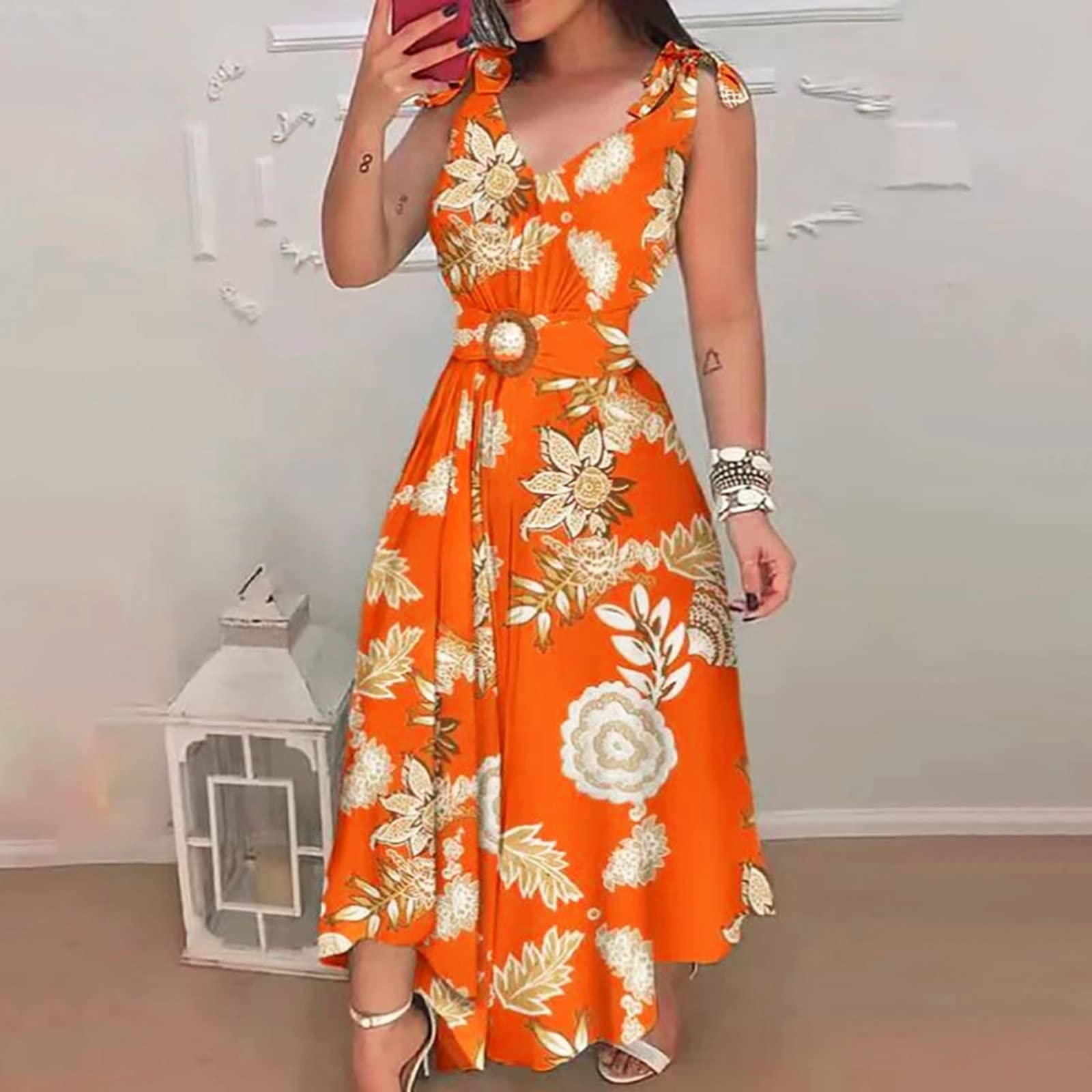 Women's Floral Casual Dress Below The Knee - Sleeveless V-Neck Beach Dress with Belt & Zipper | Perfect for Summer Vacations, Beach Outings & Casual Wear