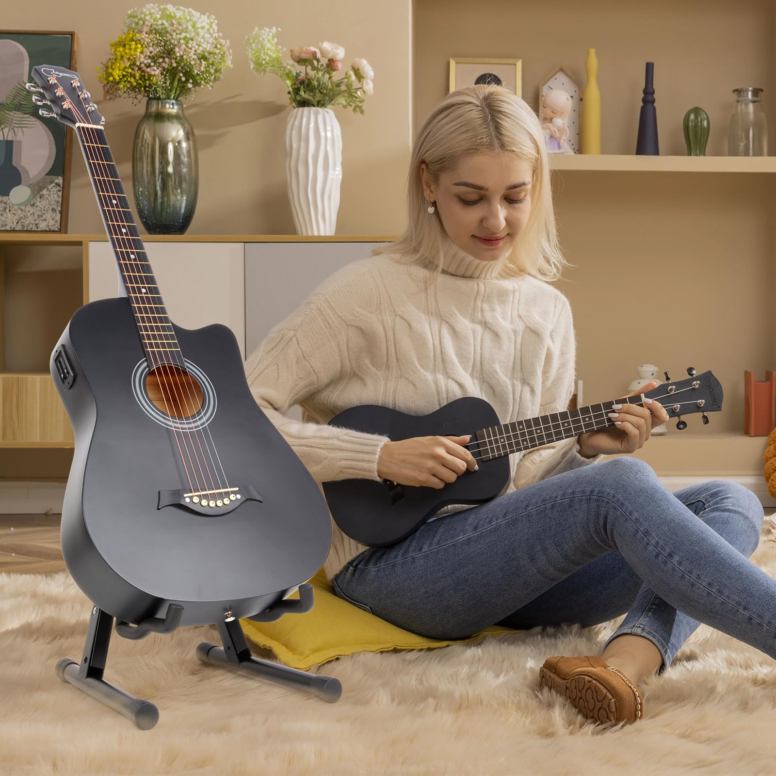Foldable Guitar Stand - Non-Slip Rubber & Foam Arm for Acoustic, Electric, Bass, Ukulele, Banjo - Perfect for Home, Studio & Stage Use