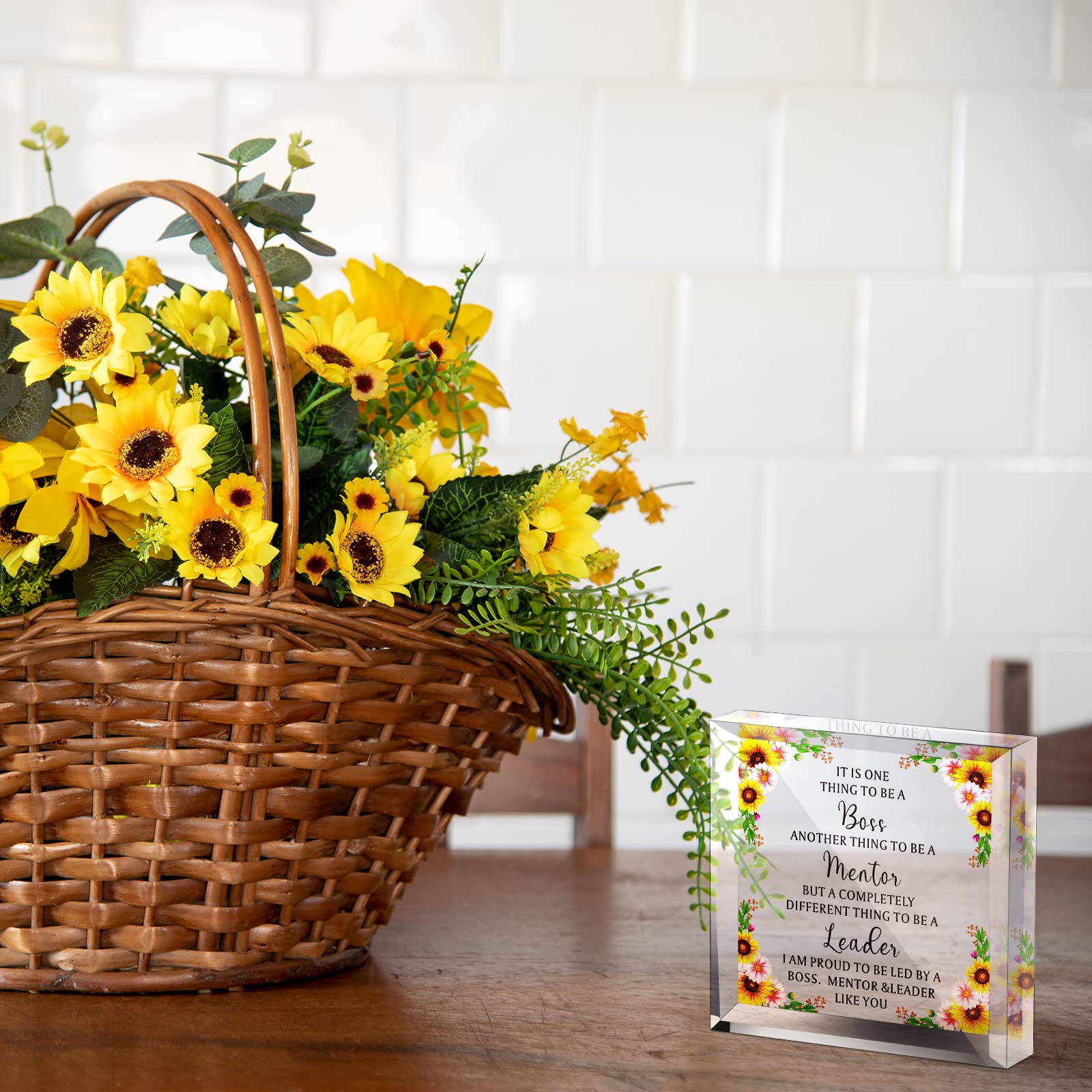 Blulu Acrylic Boss Gift Set - Leadership Appreciation Present for Women & Men, Office Desk Decor, Birthday & Going Away Gift (Sunflower Design) - Perfect for Boss Day, Retirement & Workplace Celebrations