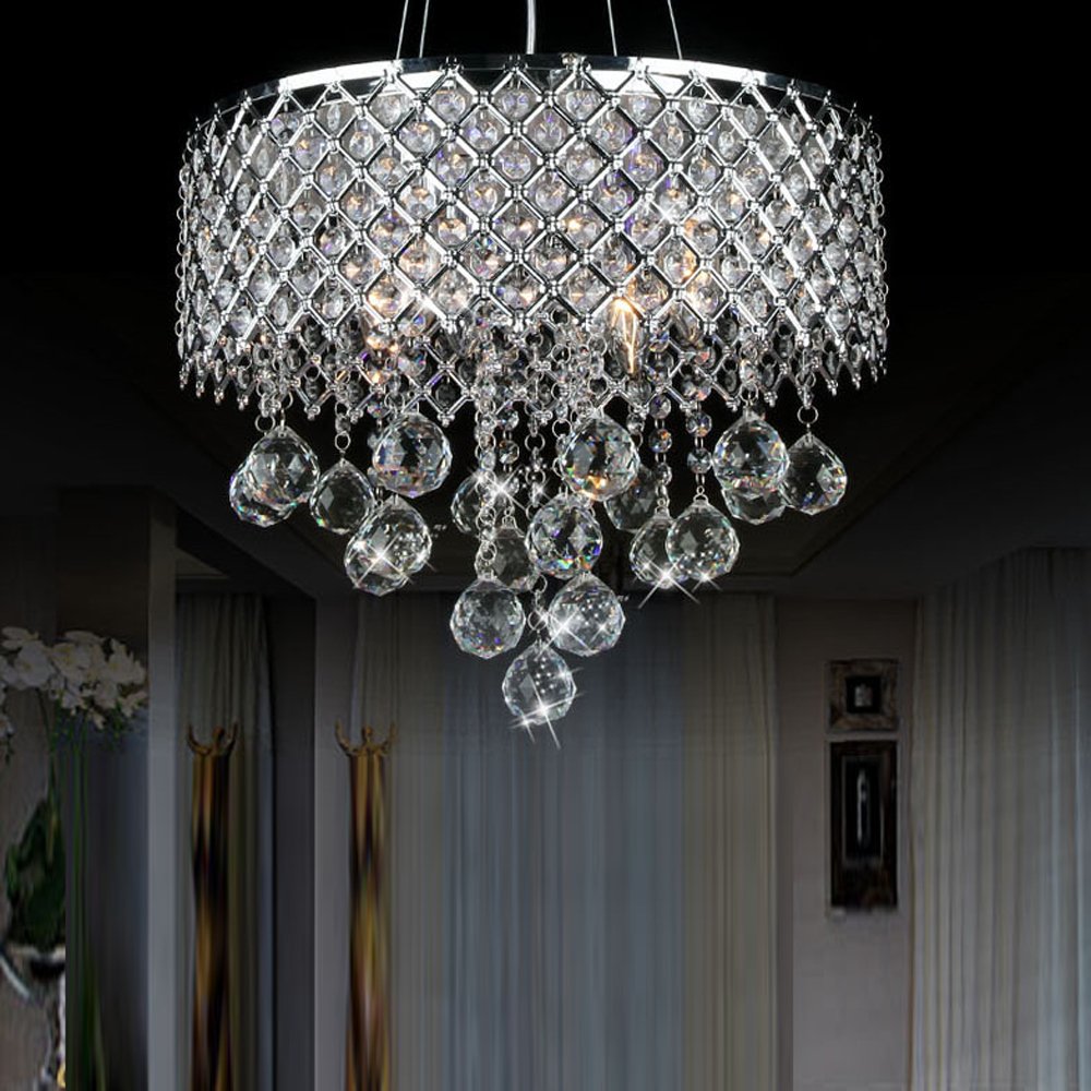 4-Light Flush Mount Chrome Crystal Chandelier - Modern Ceiling Light Fixture for Dining Room, Bedroom, Living Room & Foyer Lighting