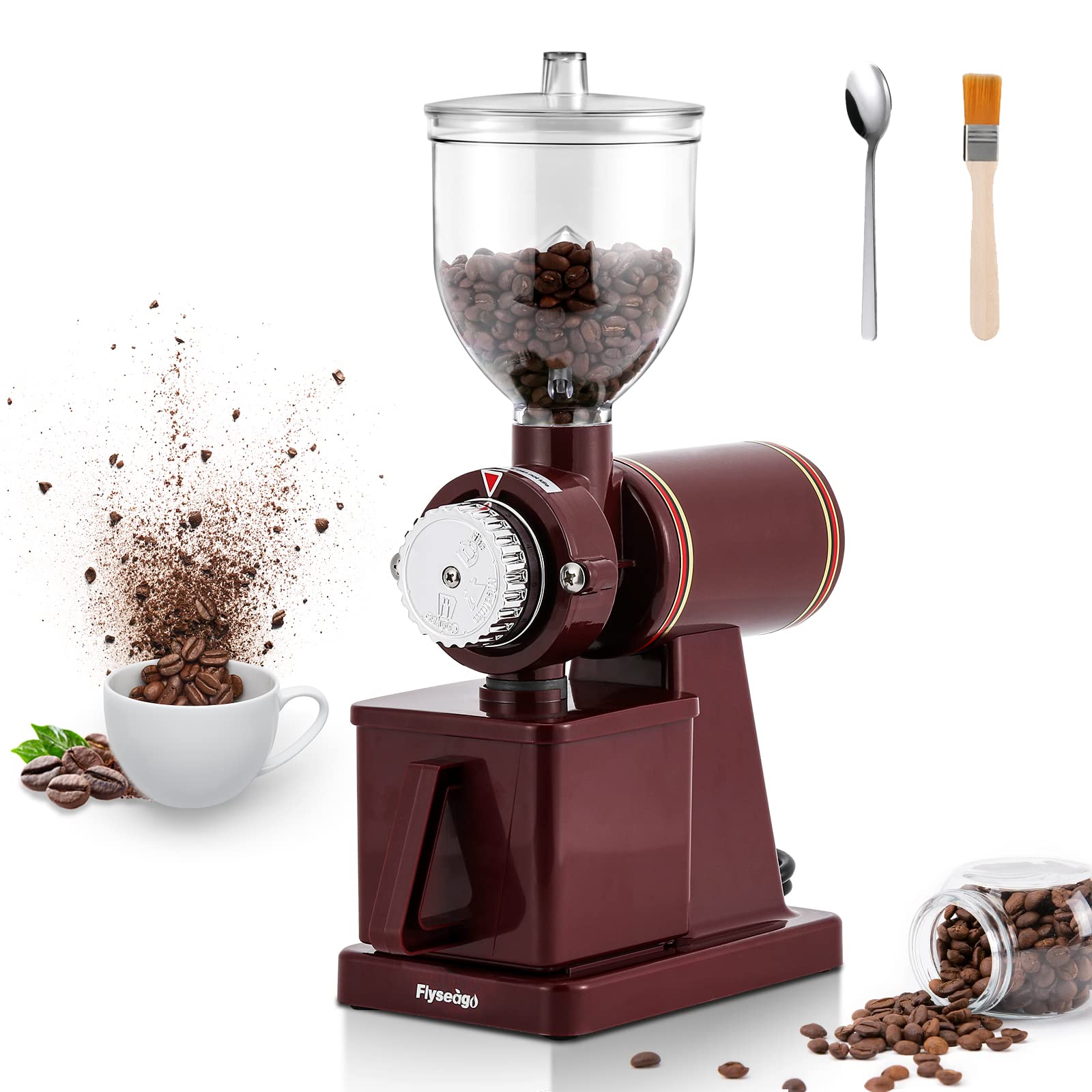 Premium Electric Burr Coffee Grinder for Espresso & Drip - Adjustable Grind Settings, Silent Operation, Includes Brush & Spoon (Red) - Perfect for Home, Office & Coffee Shops