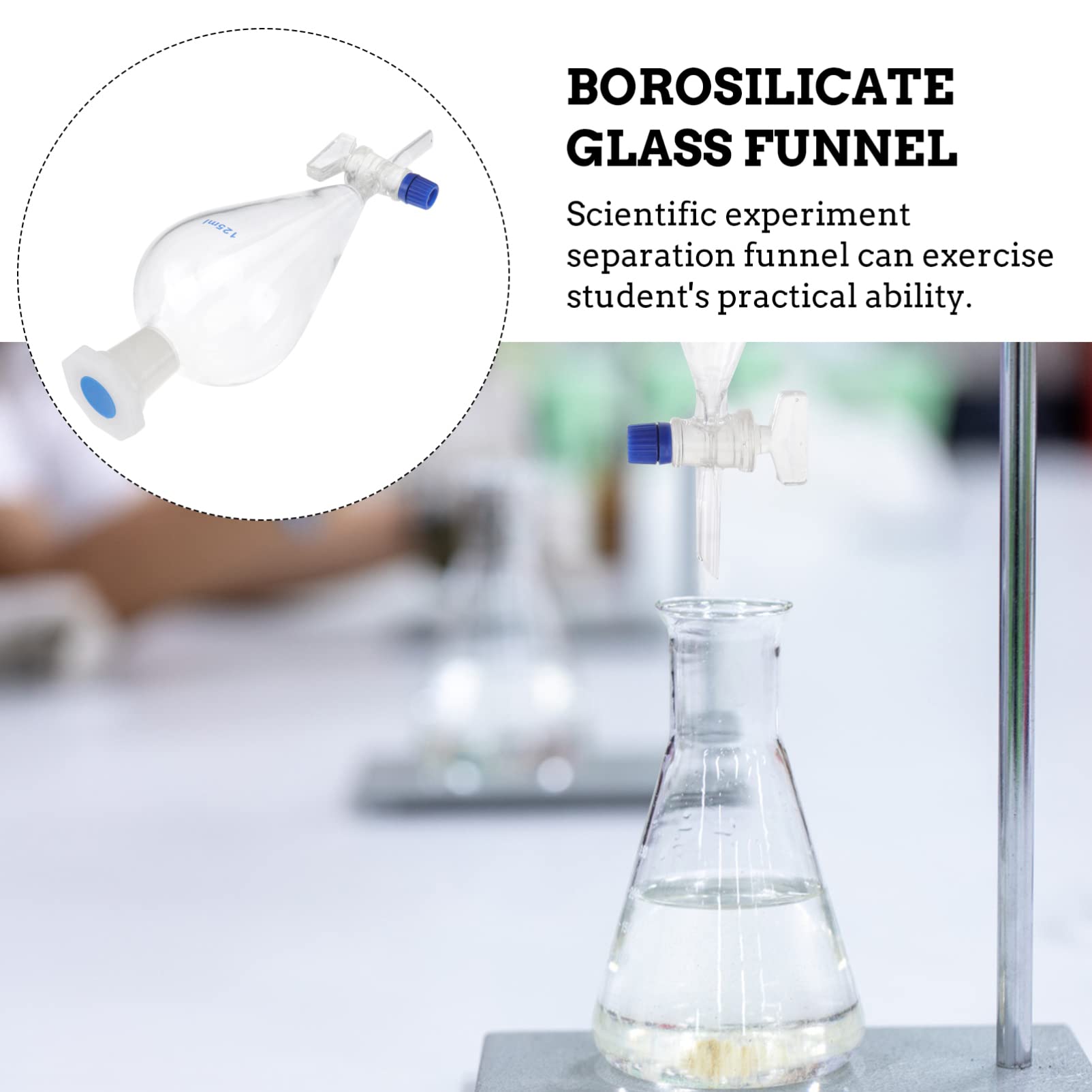 Borosilicate Glass Separatory Funnel 125ml - Heavy Wall Conical Flask Funnel with 24/40 Joints & PTFE Stopcock for Essential Oil Distillation, Lab Chemistry Experiments, and Liquid Separation