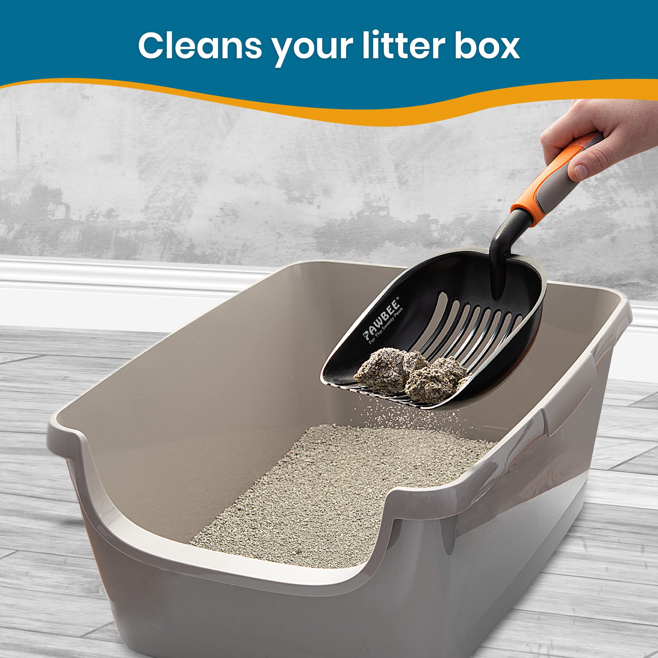 PAWBEE Metal Cat Litter Scoop with Holder - Premium Non-Stick Stainless Steel Litter Scooper for Cats - Deep Shovel Design with Long Non-Slip Handle - Durable Kitty Waste Scoop for Litter Box Cleaning - Perfect for Multi-Cat Homes & Odor Control