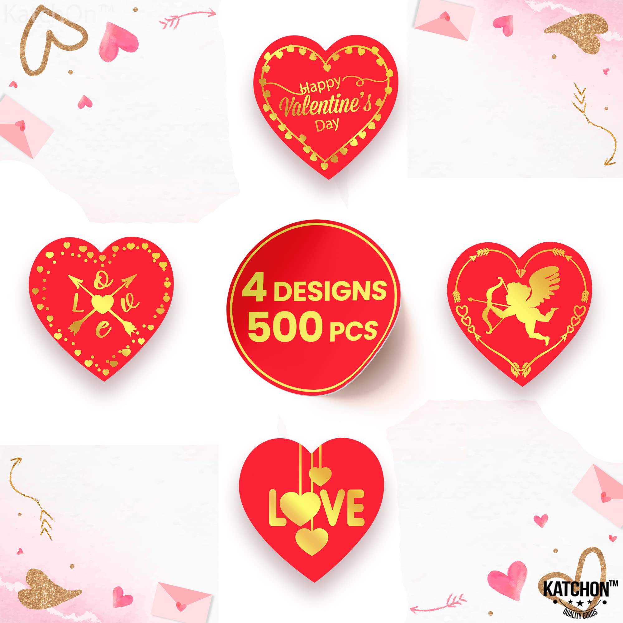 KatchOn 500-Piece Big Red Heart Stickers for Kids & Adults - 1.5 Inch Shiny Valentine's Day Stickers for Cards, Scrapbooks, Party Decorations & Gift Wrapping