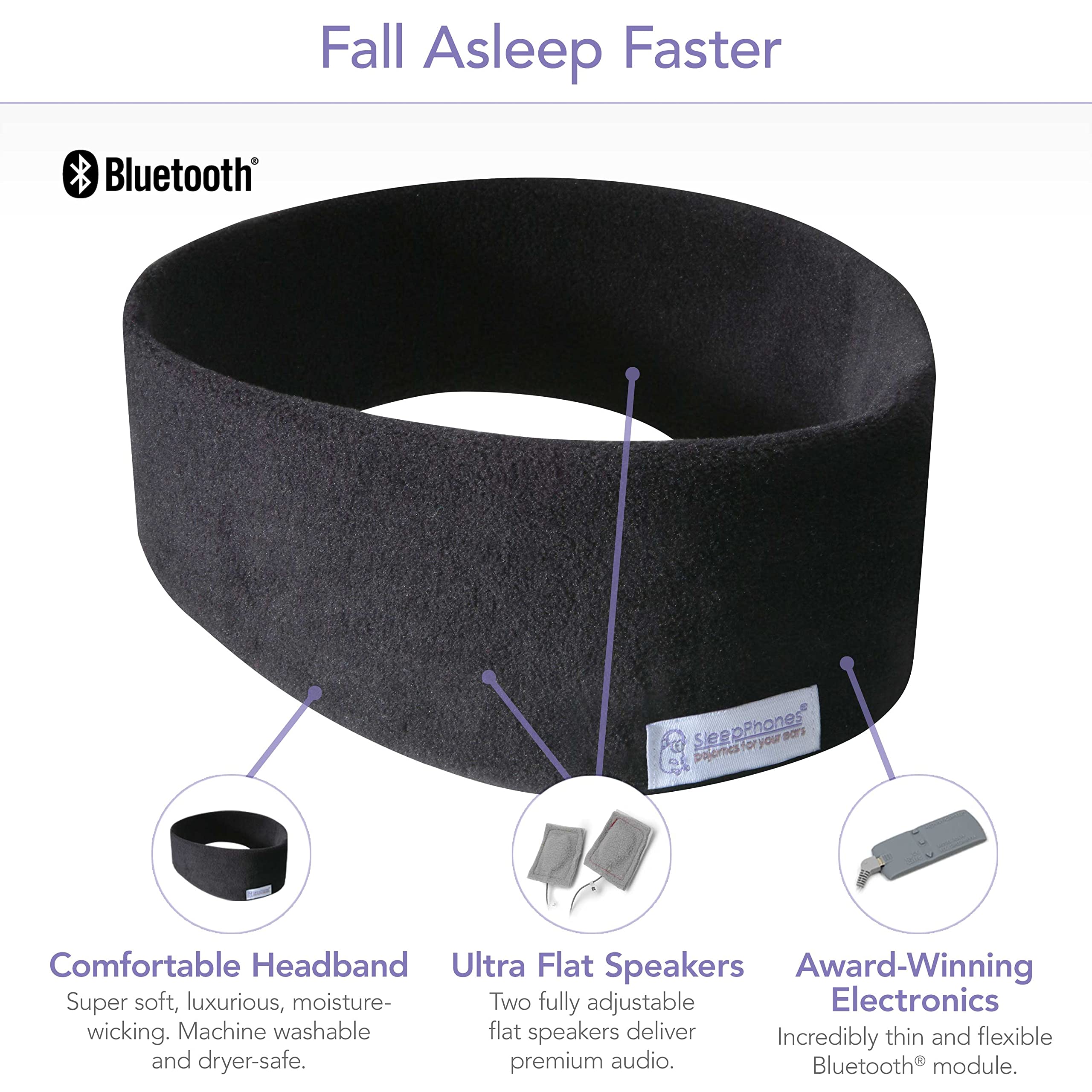 AcousticSheep SleepPhones Wireless Bluetooth Headphones V8 for Sleeping - 24-Hour Battery Life, Ultra Comfortable Fleece Headband (Medium, Midnight Black) | Perfect for Side Sleepers, Meditation & Travel