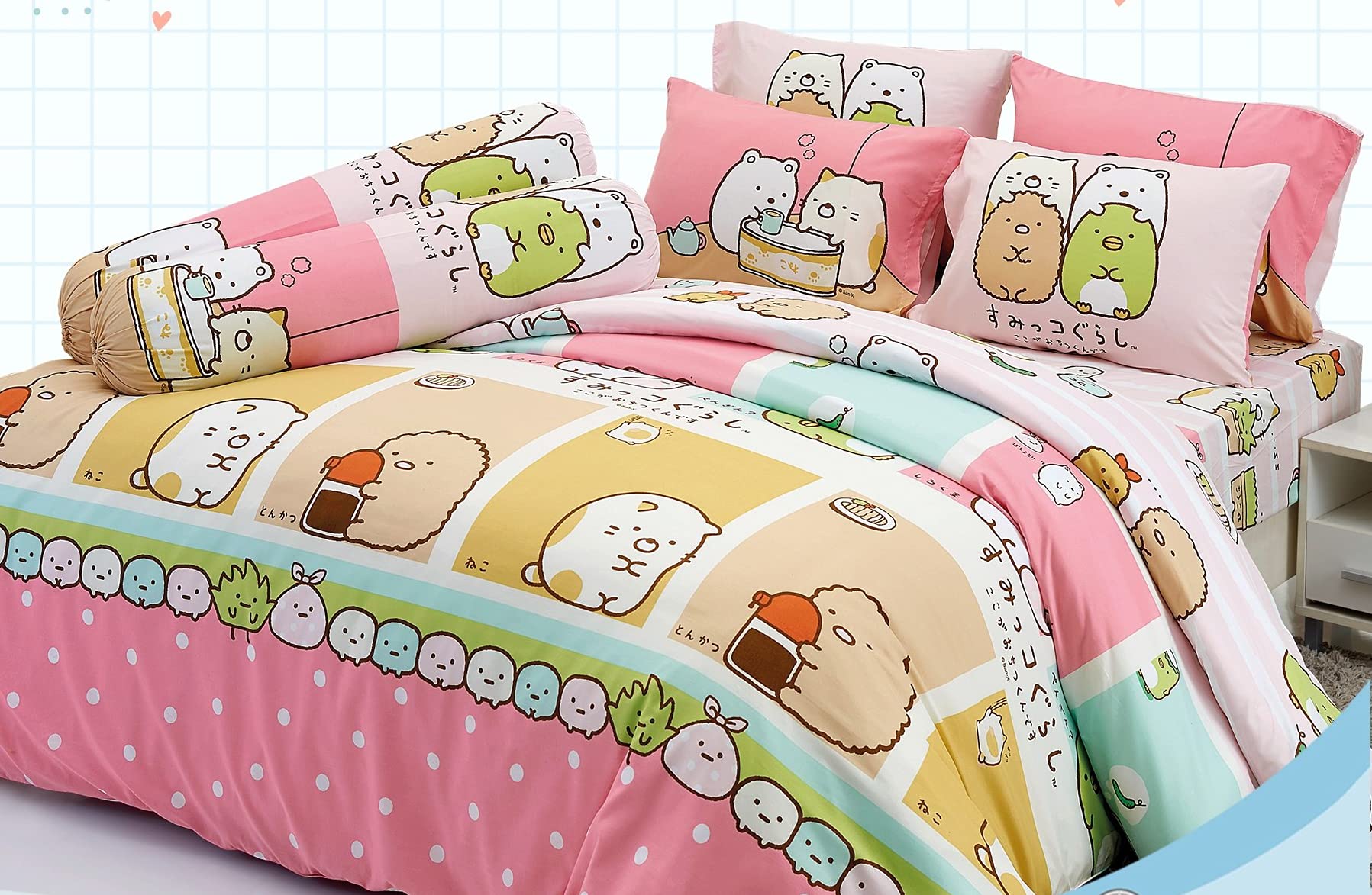 Official Licensed Sumikko Gurashi Pink King Bedding Set - Includes Bed Sheet Set & Comforter (Set C+1) | Cute Anime Character Design | Perfect for Kids' Rooms, Anime Themed Bedrooms & Gift Giving