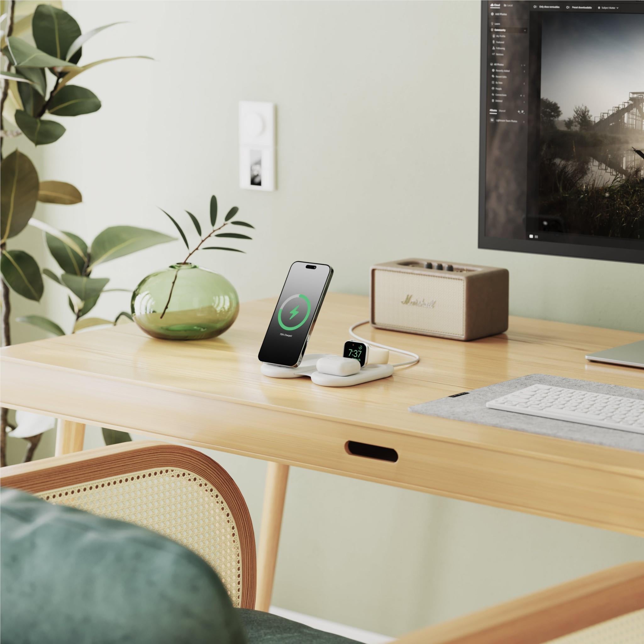 Alogic PackAway 3-in-1 Qi2 Certified Wireless Charging Stand for iPhone, AirPods & Apple Watch - Fast Charging Station with Foldable Design (White) - Perfect for Home, Office & Travel