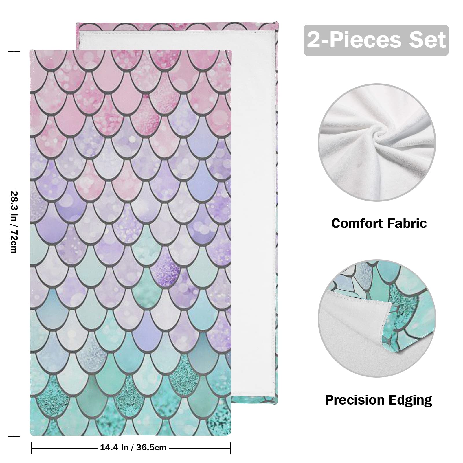 Wamika Mermaid Scale Bath Towel Set - Super Absorbent Hand & Dish Towels (2 Pack, Pink & Turquoise) for Kitchen, Bathroom & Beach Use