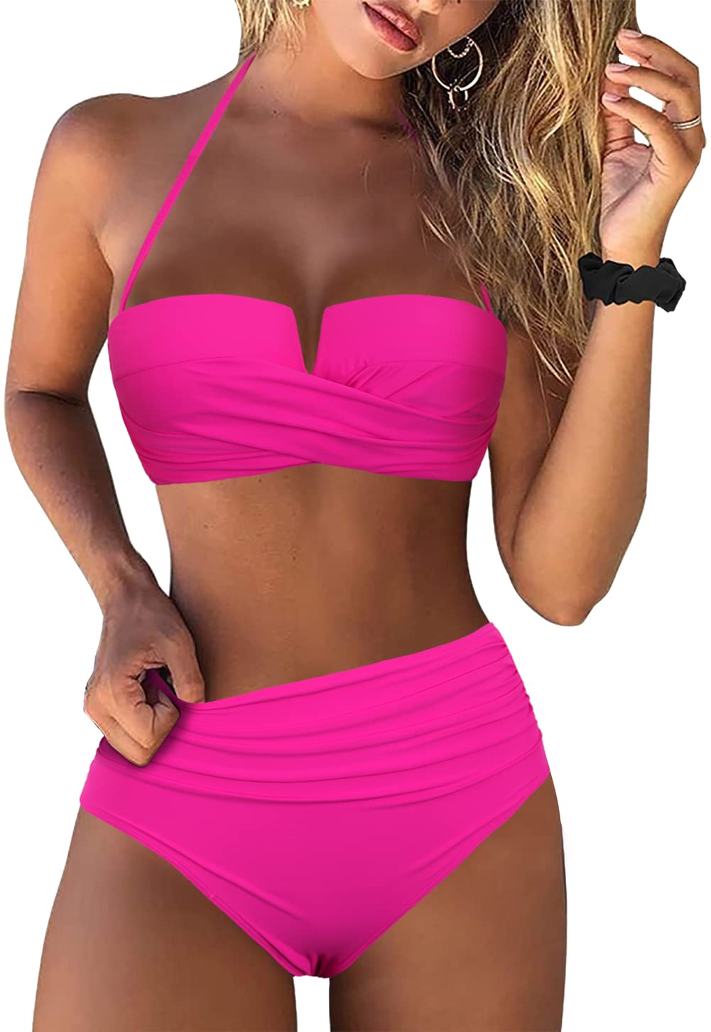Hilor Women's Retro High Waisted Bikini Set - Strap Bandeau Two Piece Bathing Suit with Push Up for Sexy Summer Swimwear | Beach Vacation, Pool Party, Tropical Getaway