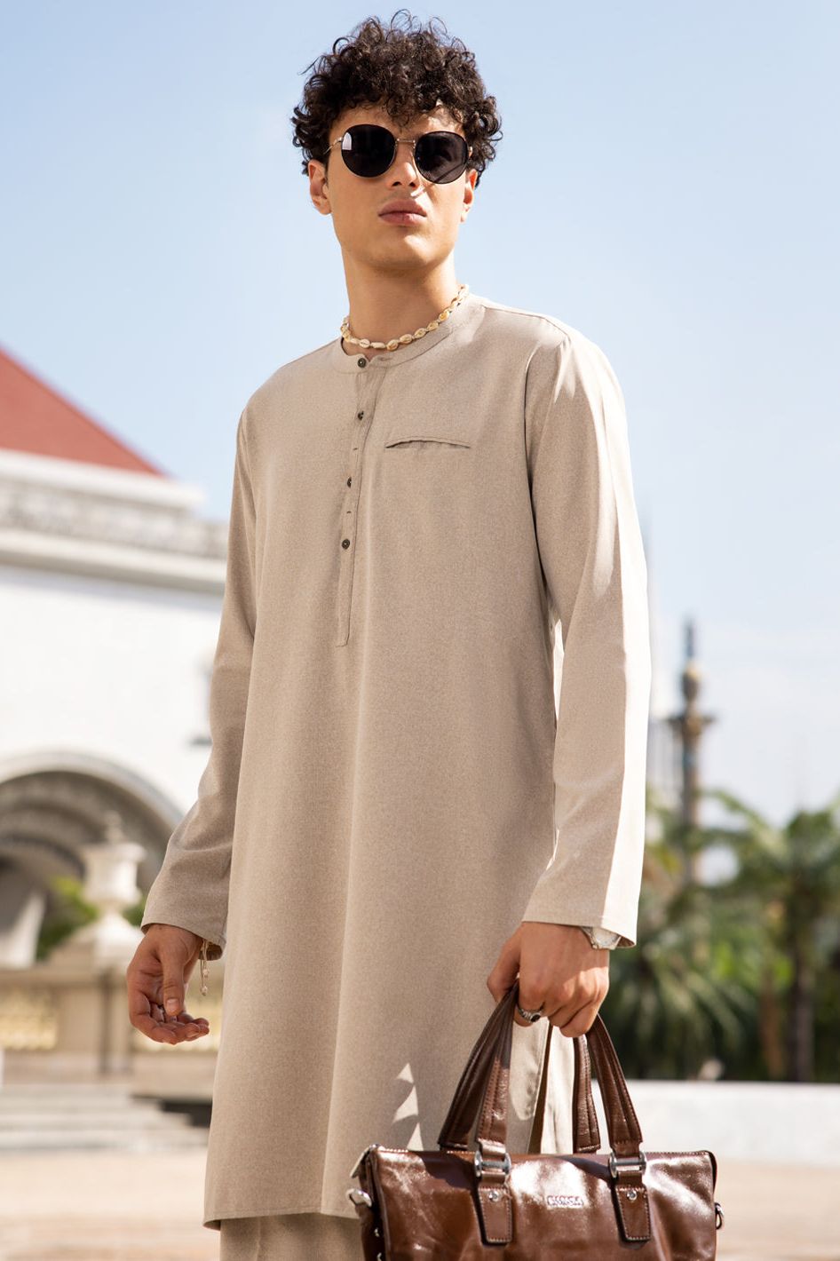 Stylish Blended Sand Brown Kurta Trouser Set for Men - Comfortable Ethnic Wear for Festivals, Weddings & Casual Outings