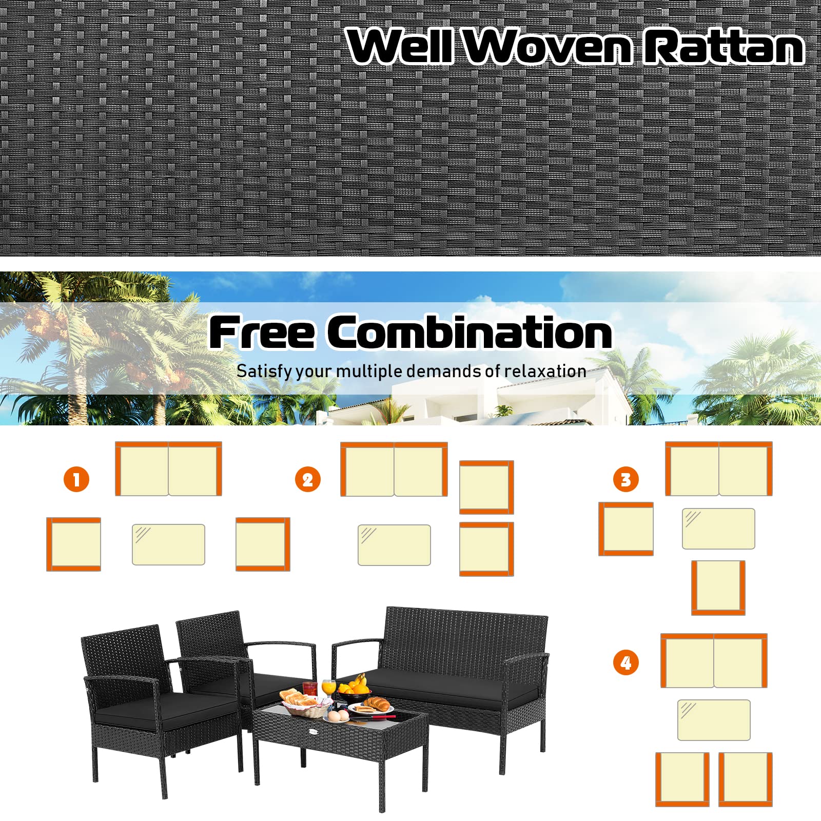 Tangkula 4-Piece Outdoor Patio Furniture Set - Rattan Wicker Sofa with Glass Coffee Table, Sturdy Steel Frame & Ergonomic Seating for Garden, Backyard, Balcony, Poolside - Perfect for Relaxing & Entertaining Outdoors