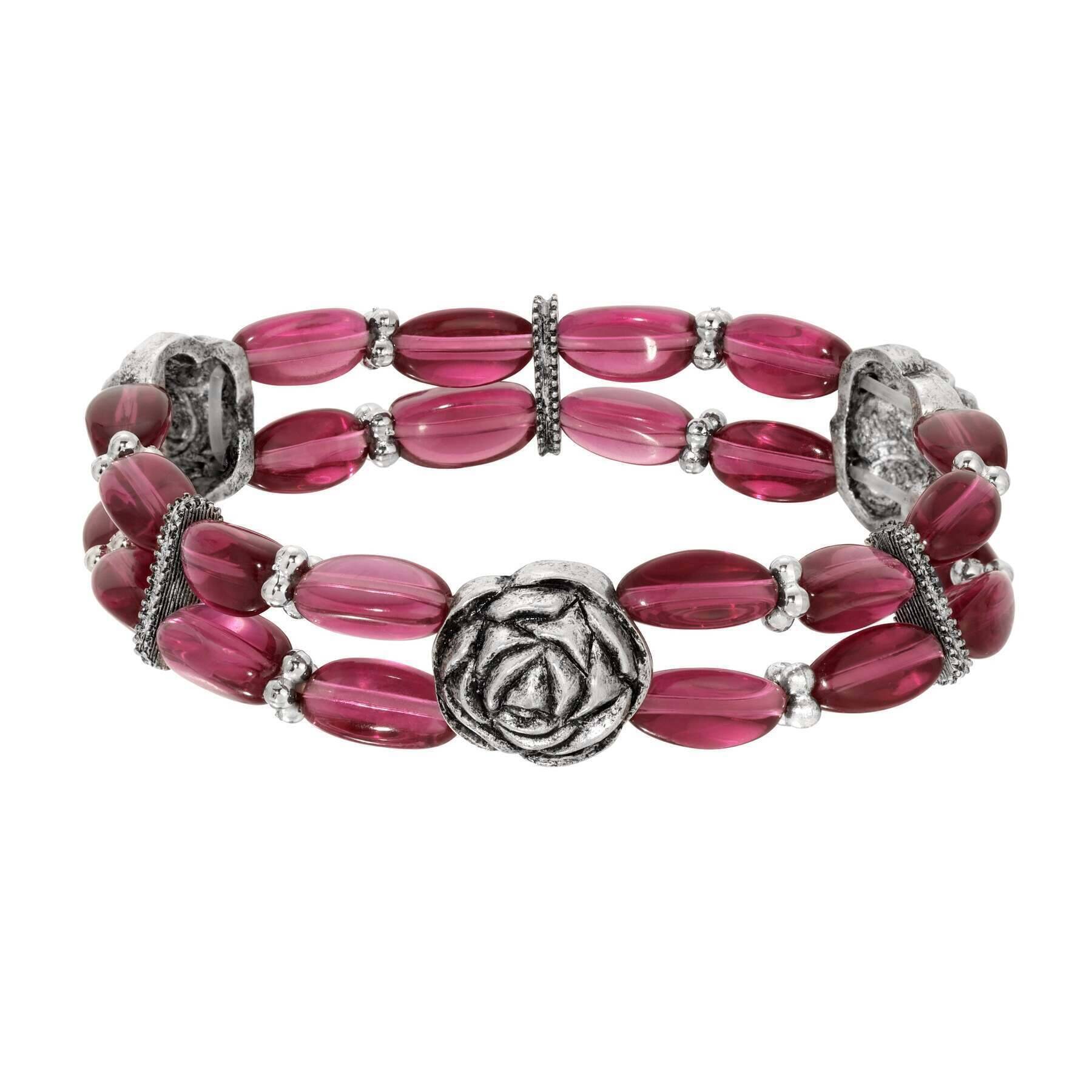 1928 Fuchsia Beaded Rose Stretch Bracelet for Women - Vintage Floral Jewelry - Perfect for Parties, Weddings & Everyday Wear