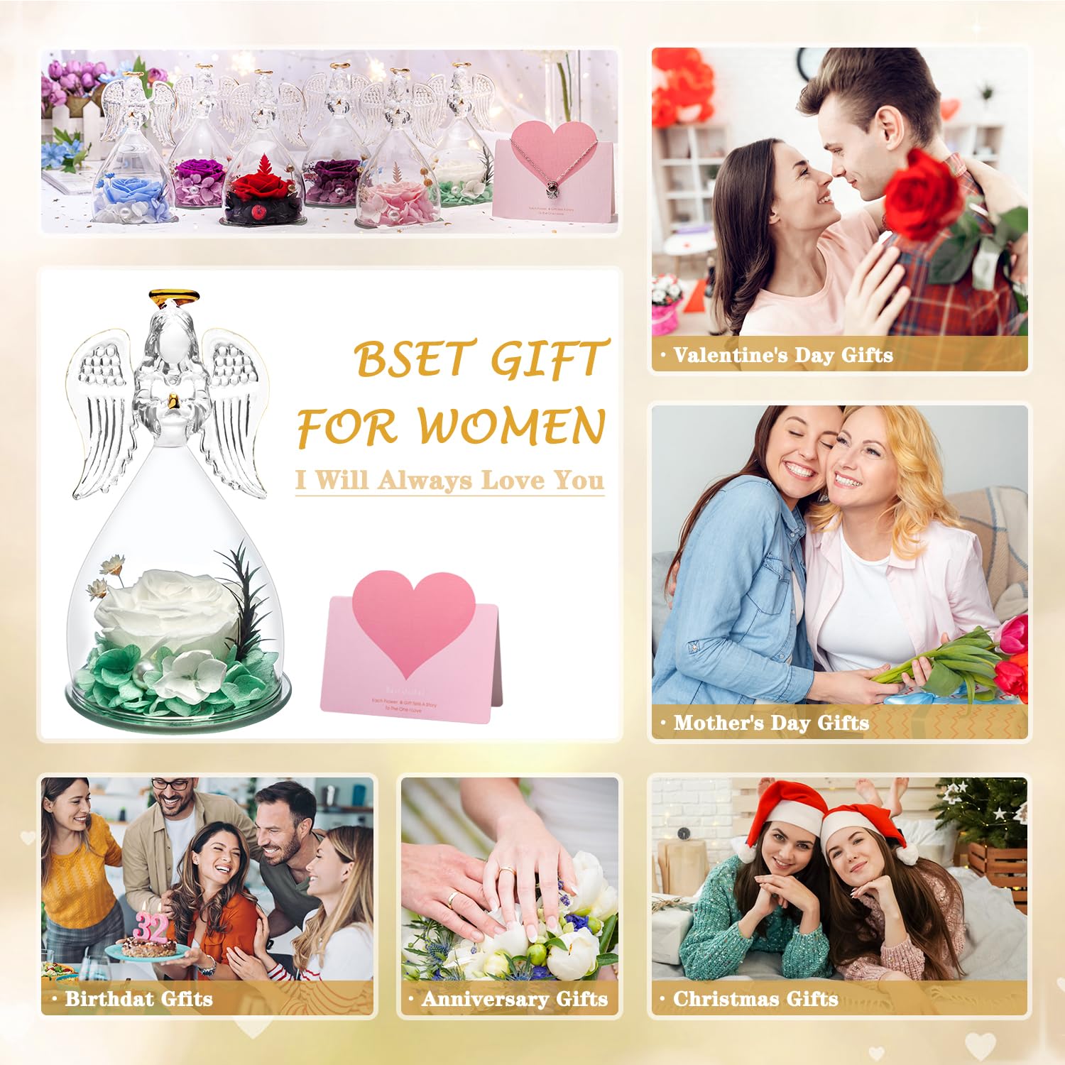 ANWEAO Preserved Real Rose Glass Angel Figurine with 'I Love You' Necklace in 100 Languages - Unique Birthday Gift for Mom, Valentine's Day Present for Women, Thoughtful Flower Gift for Grandma - Perfect for Home Decor, Anniversary Surprise & Special Occasion Keepsake