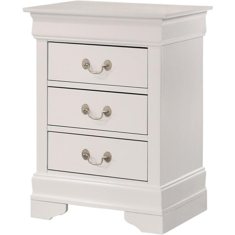 White Louis Phillipe 3-Drawer Nightstand by Glory Furniture - Elegant Bedside Table for Bedroom, Guest Room & Nursery Storage