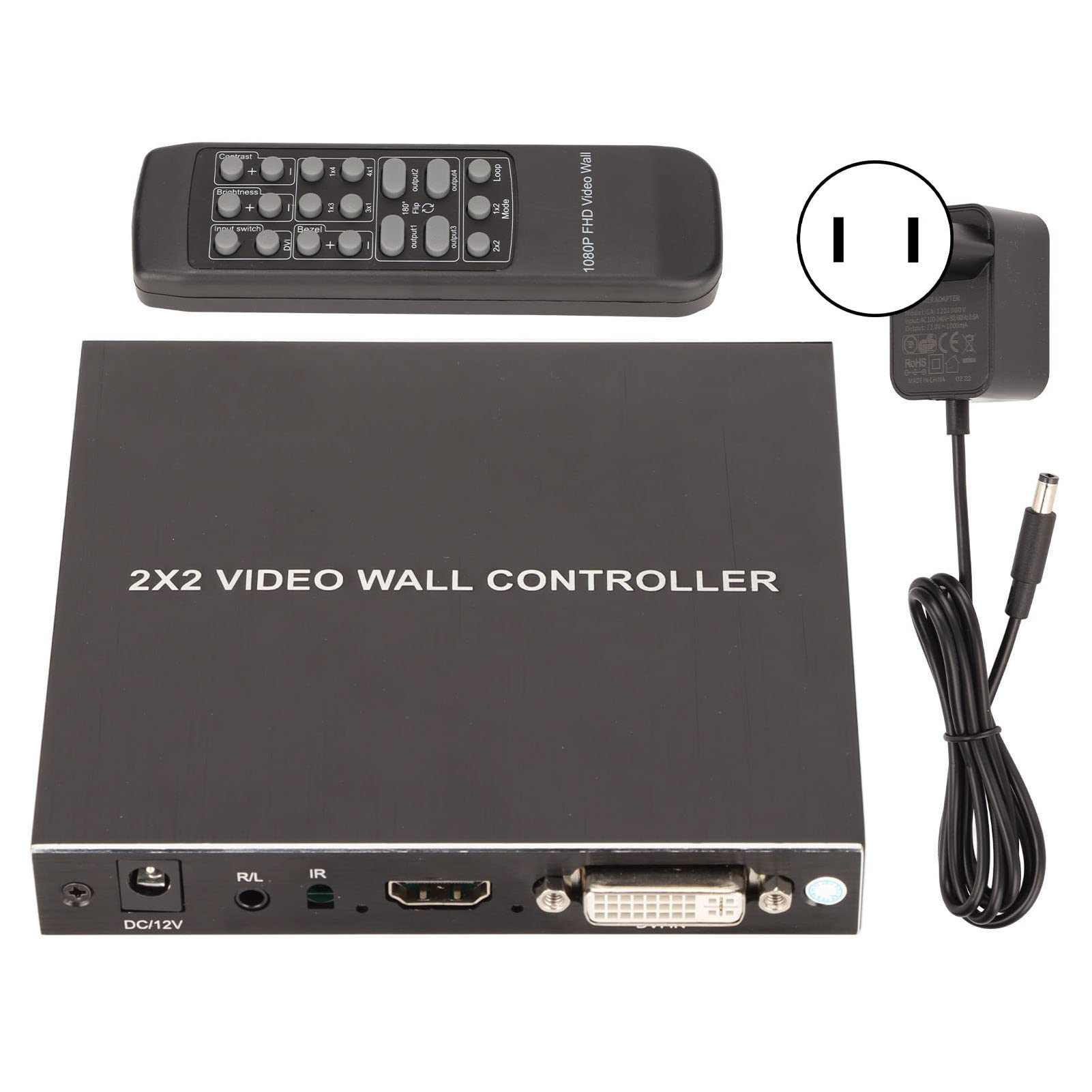 2x2 HDMI Video Wall Processor - Ultra HD 4K 4-Channel DVI TV Wall Controller with 180° Rotation, RS232 & IR Remote Control | Perfect for Digital Signage, Control Rooms, Video Walls, and Conference Room Displays (US Stock)