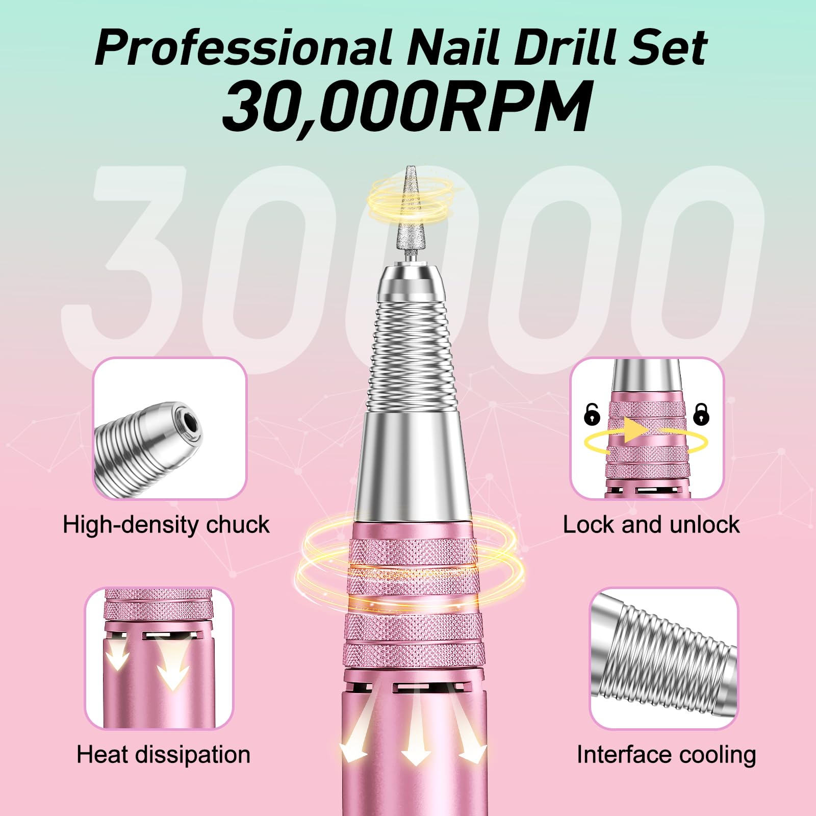 Professional Electric Nail Drill Kit 30000 RPM - Compact Nail File Machine for Acrylic & Gel Nails - Manicure Pedicure Tools for Salon & Home Use - Perfect for Nail Art, Extensions & Polish Removal