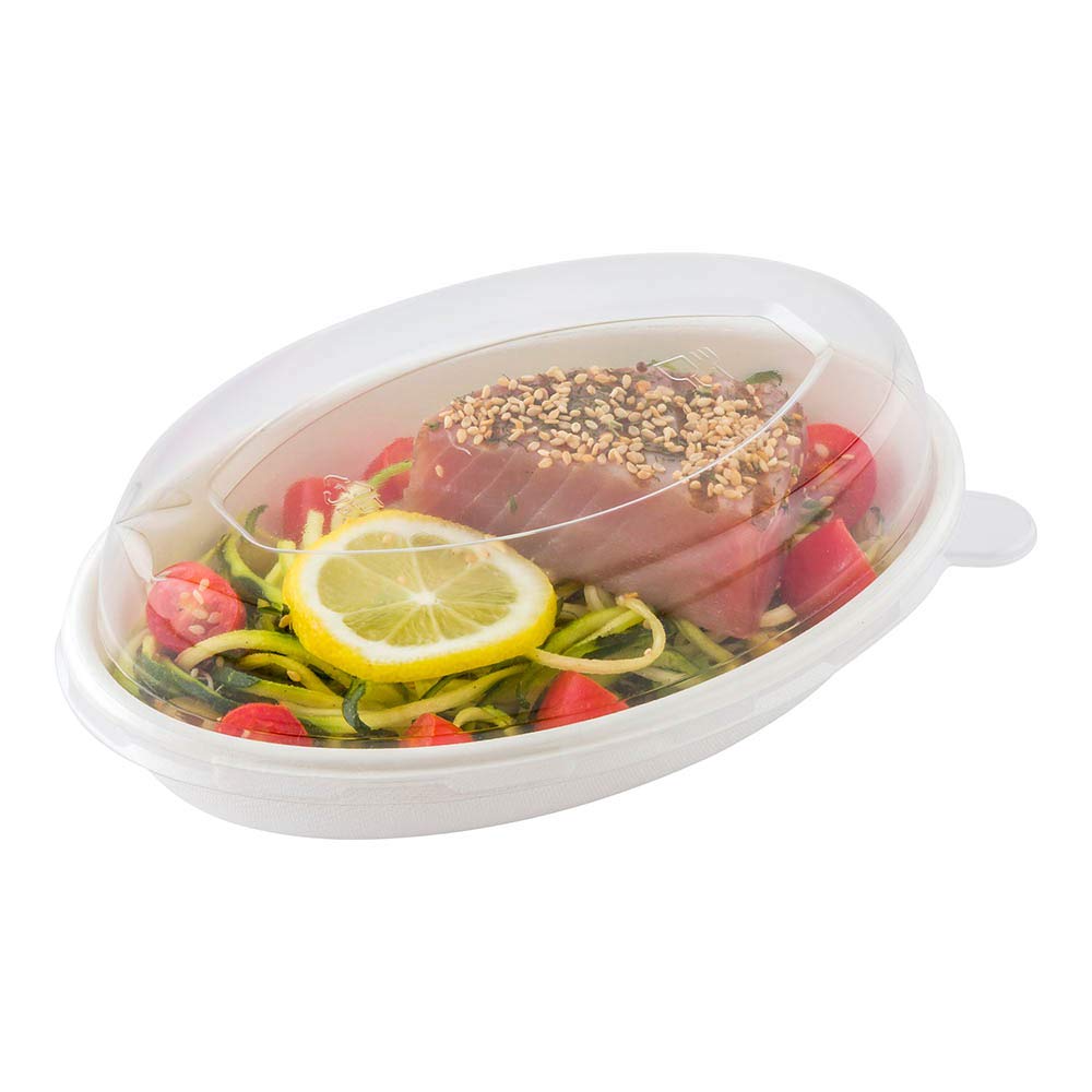 **Disposable Clear Plastic Flat Lids 100-Pack - Fits 18 oz Bagasse Salad Plates (Plates Sold Separately) - Eco-Friendly Pulp Tek Lids with Built-In Tab for Restaurants, Catering & Takeout**