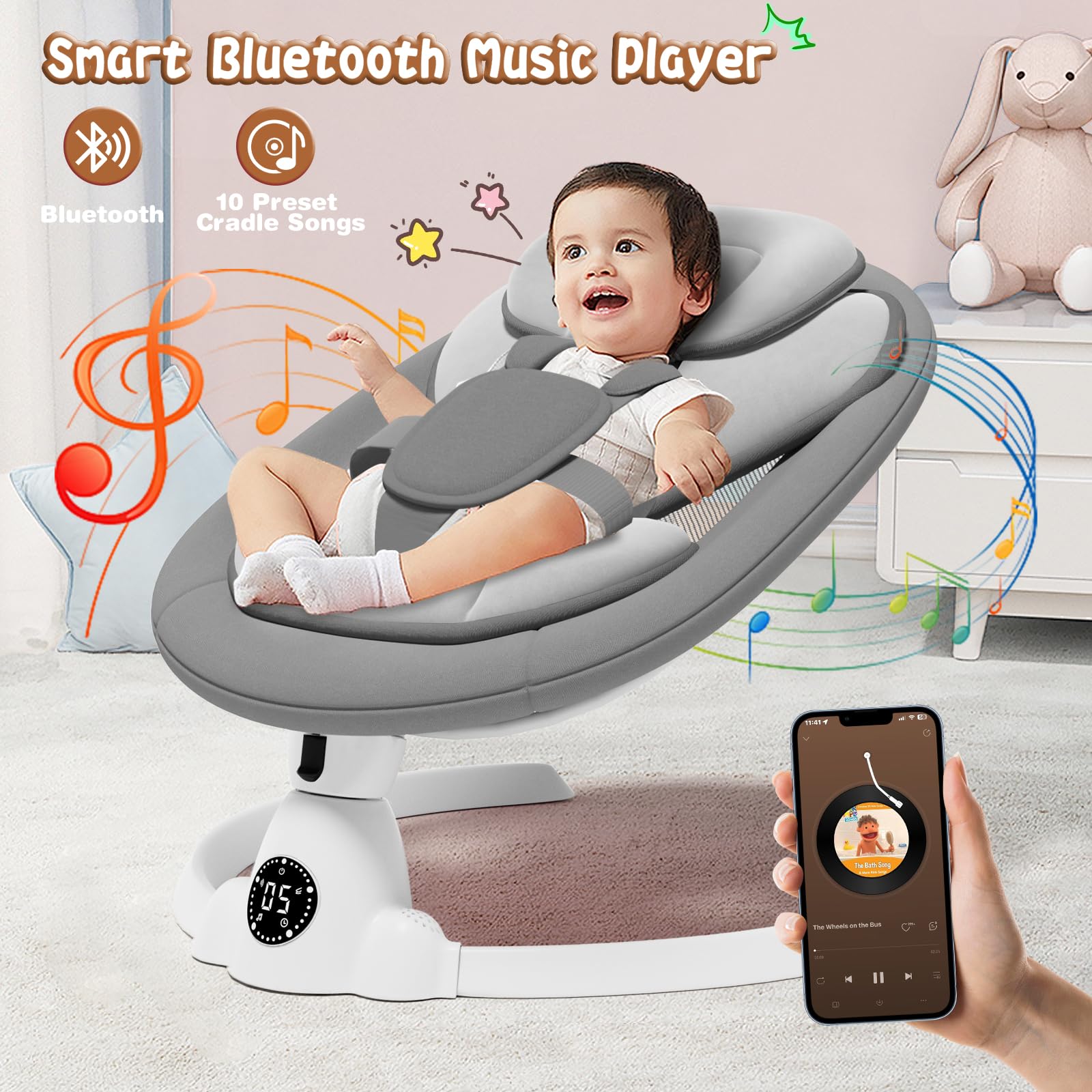 Electric Baby Swing for Infants to Toddlers - Remote Control & Bluetooth Music with 10 Preset Lullabies - Gray - Perfect for Nursery, Bedtime Soothing & Hands-Free Parenting