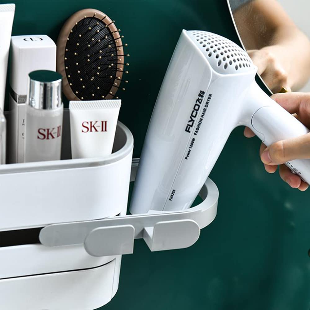AFULILI Wall Mounted Bathroom Organizer - No Drill Bathroom Storage Shelf with Hair Dryer Holder & 4 Hooks for Towels, Perfect for Bathroom, Shower, Toilet & Kitchen (Grey) - Space Saving Solution for Small Bathrooms & Apartments